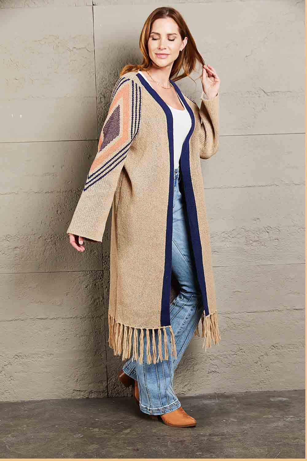 Double Take Geometric Fringe Hem Open Front Duster Cardigan featuring a geometric pattern and fringe detailing, perfect for casual wear.
