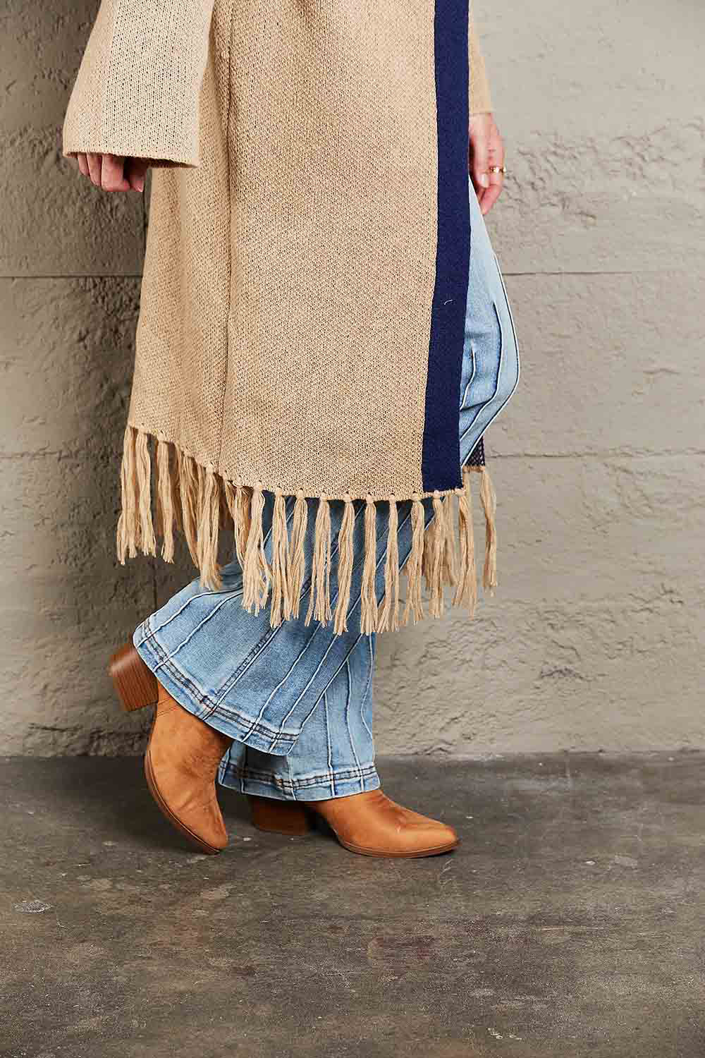 Double Take Geometric Fringe Hem Open Front Duster Cardigan featuring a geometric pattern and fringe detailing, perfect for casual wear.