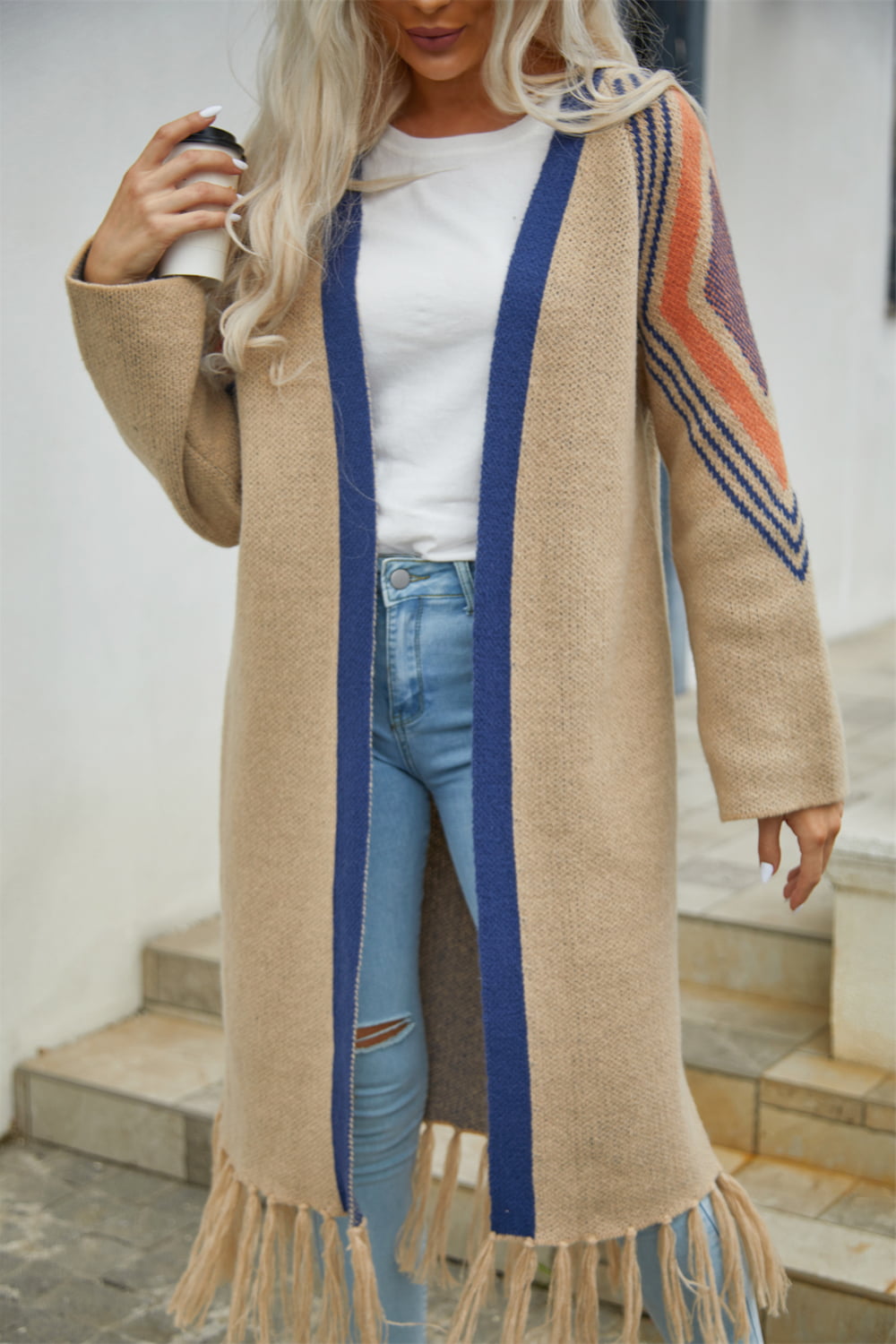 Double Take Geometric Fringe Hem Open Front Duster Cardigan featuring a geometric pattern and fringe detailing, perfect for casual wear.