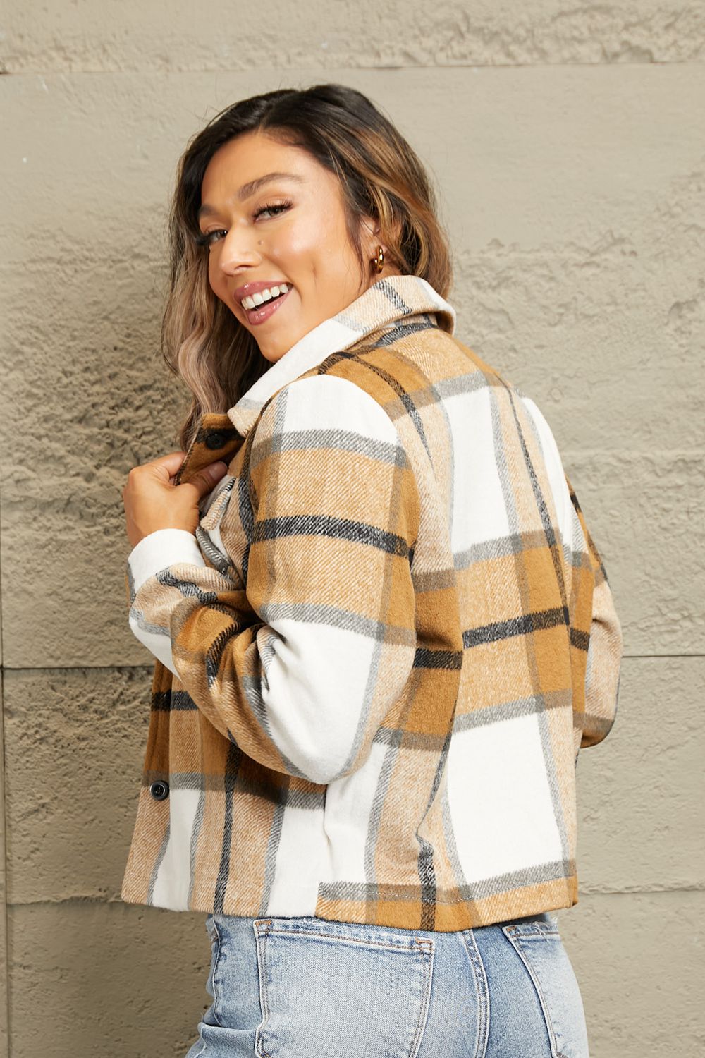 Double Take Plaid Collared Neck Jacket featuring breast pockets and a stylish plaid pattern, perfect for casual wear.