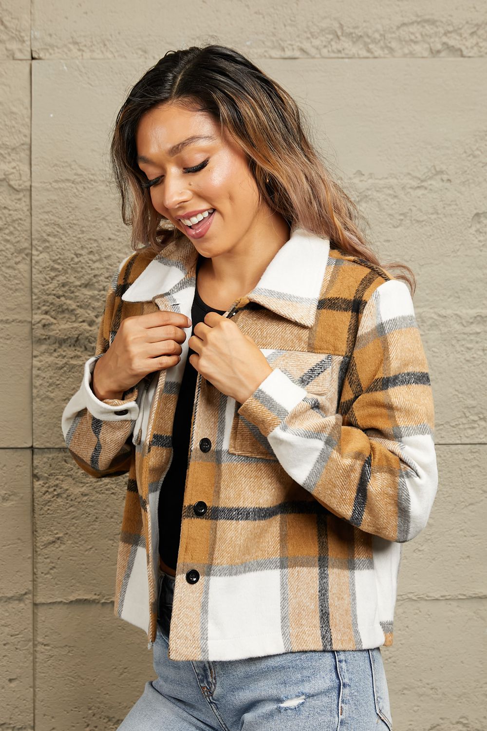 Double Take Plaid Collared Neck Jacket featuring breast pockets and a stylish plaid pattern, perfect for casual wear.