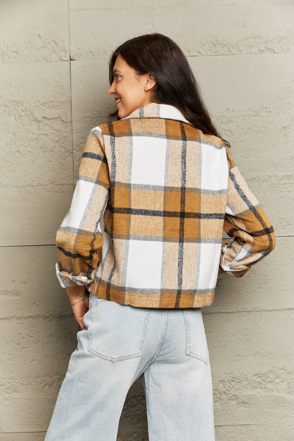 Double Take Plaid Collared Neck Jacket featuring breast pockets and a stylish plaid pattern, perfect for casual wear.
