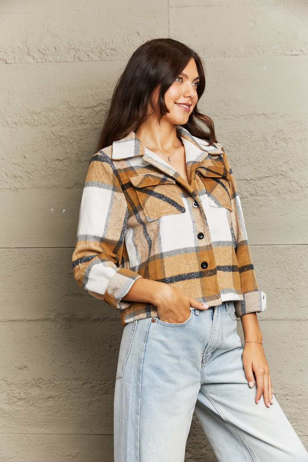 Double Take Plaid Collared Neck Jacket featuring breast pockets and a stylish plaid pattern, perfect for casual wear.