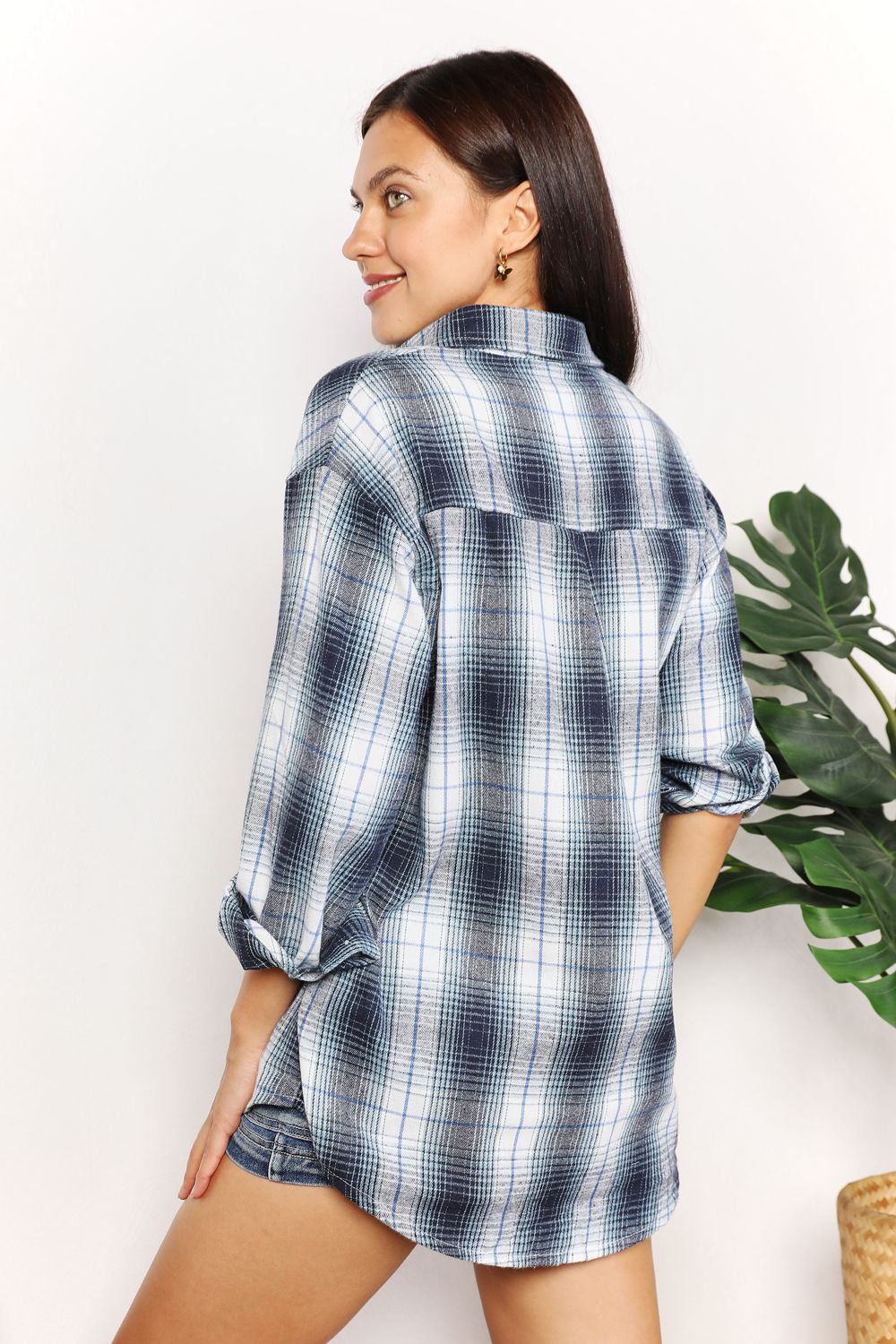 Double Take Plaid Dropped Shoulder Shirt featuring a collared neckline and long sleeves in a stylish plaid pattern.