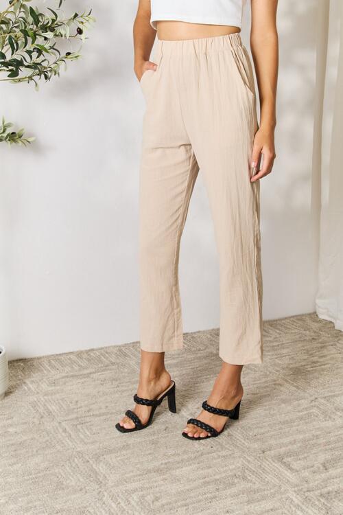 Double Take Pull-On Pants with Pockets in a stylish straight-leg design, showcasing their comfortable fabric and practical pockets.