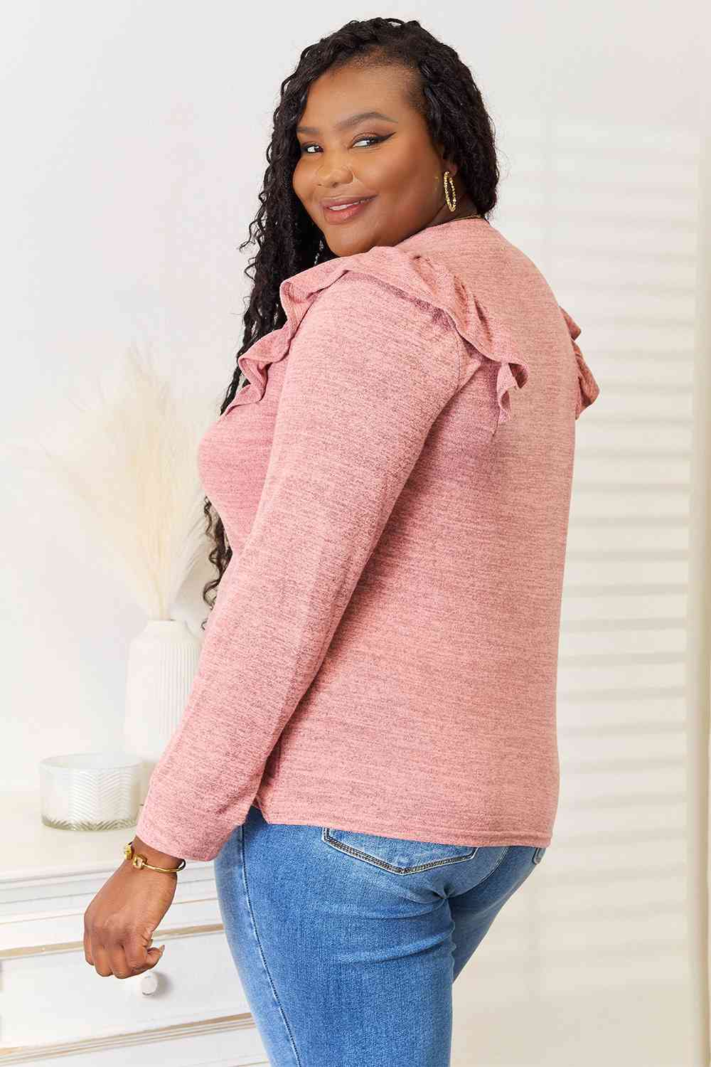 Double Take Ruffle Shoulder Long Sleeve T-Shirt featuring elegant ruffle detailing on shoulders, available in various sizes.