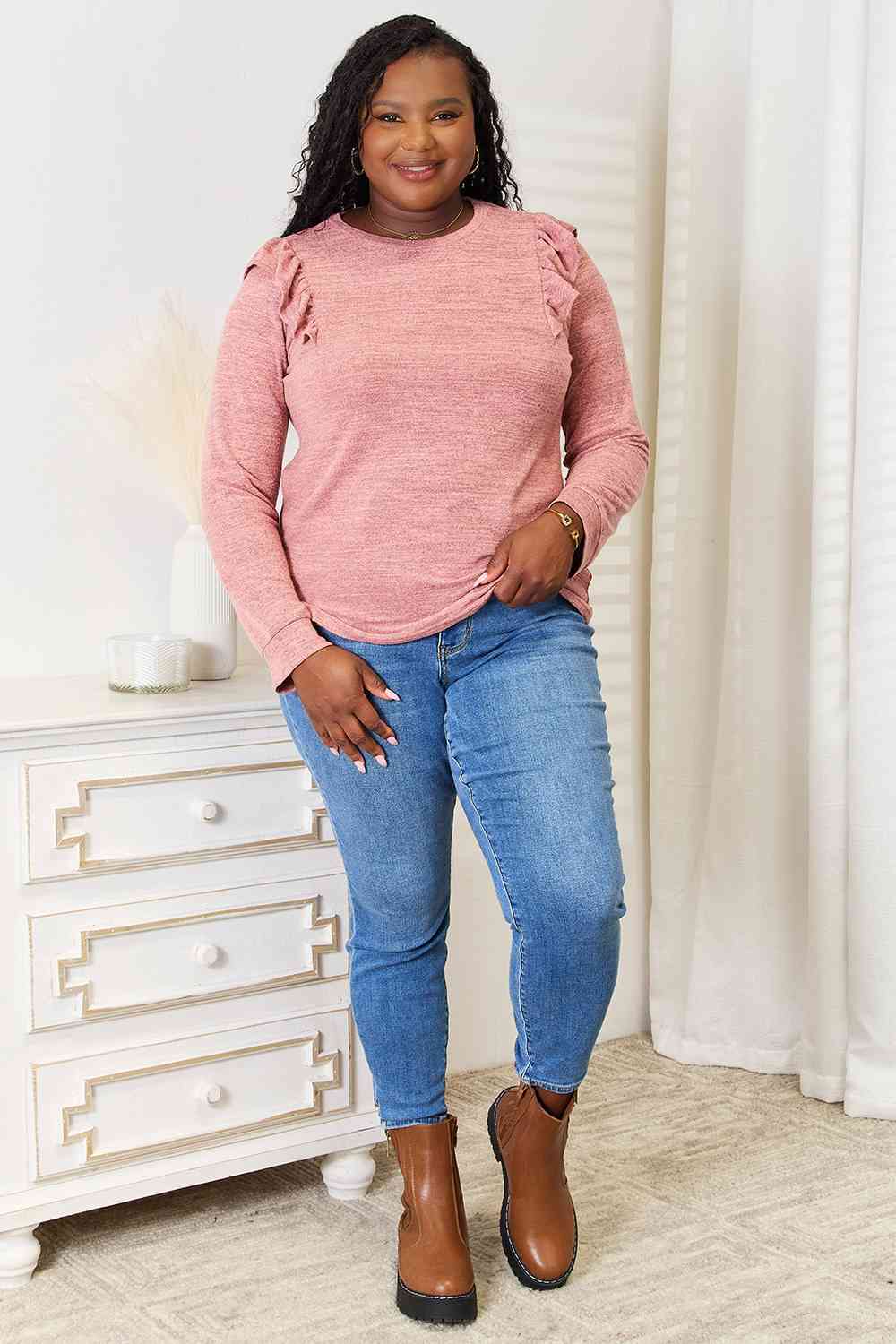 Double Take Ruffle Shoulder Long Sleeve T-Shirt featuring elegant ruffle detailing on shoulders, available in various sizes.