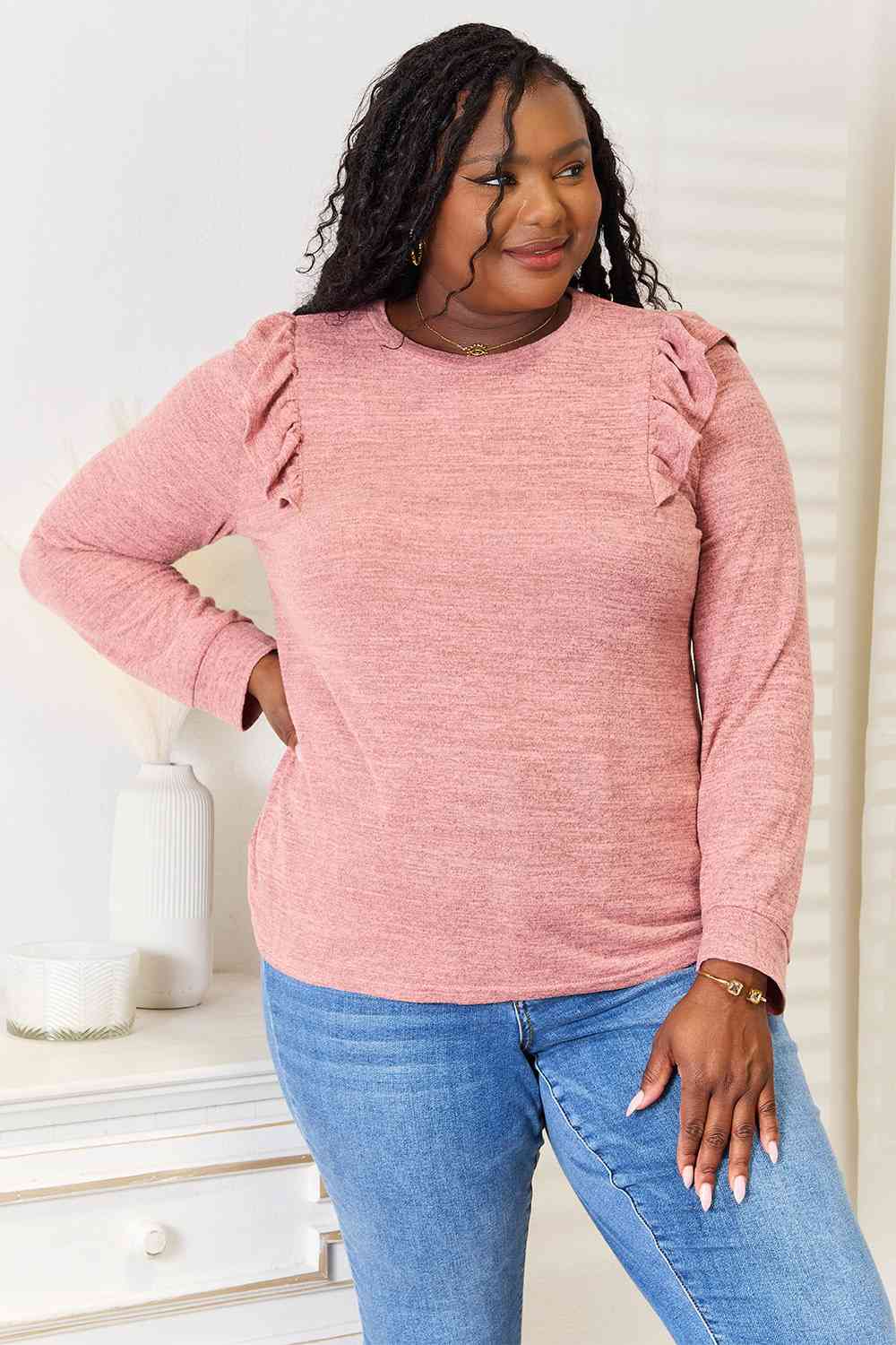 Double Take Ruffle Shoulder Long Sleeve T-Shirt featuring elegant ruffle detailing on shoulders, available in various sizes.