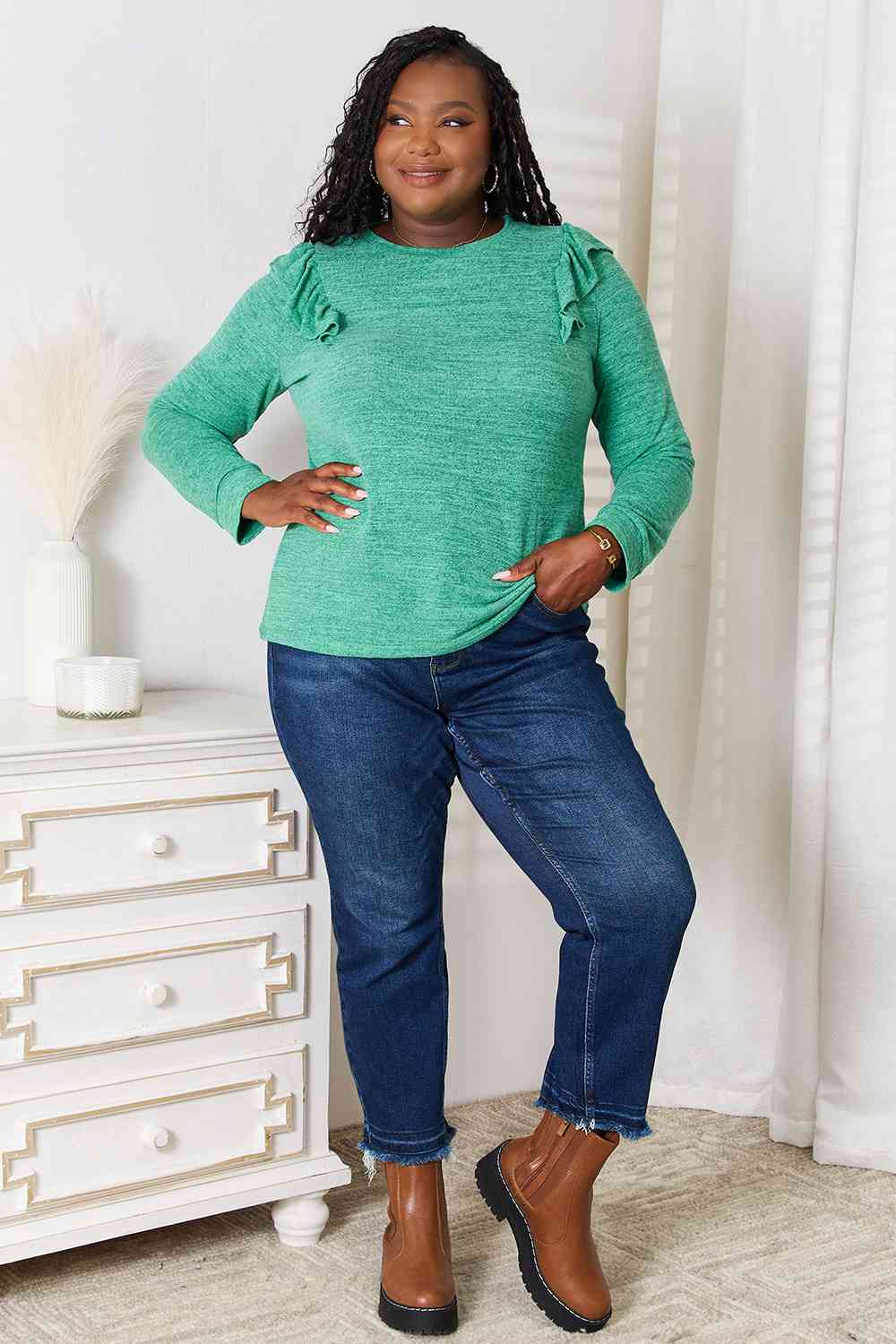 Double Take Ruffle Shoulder Long Sleeve T-Shirt featuring elegant ruffle detailing on shoulders, available in various sizes.
