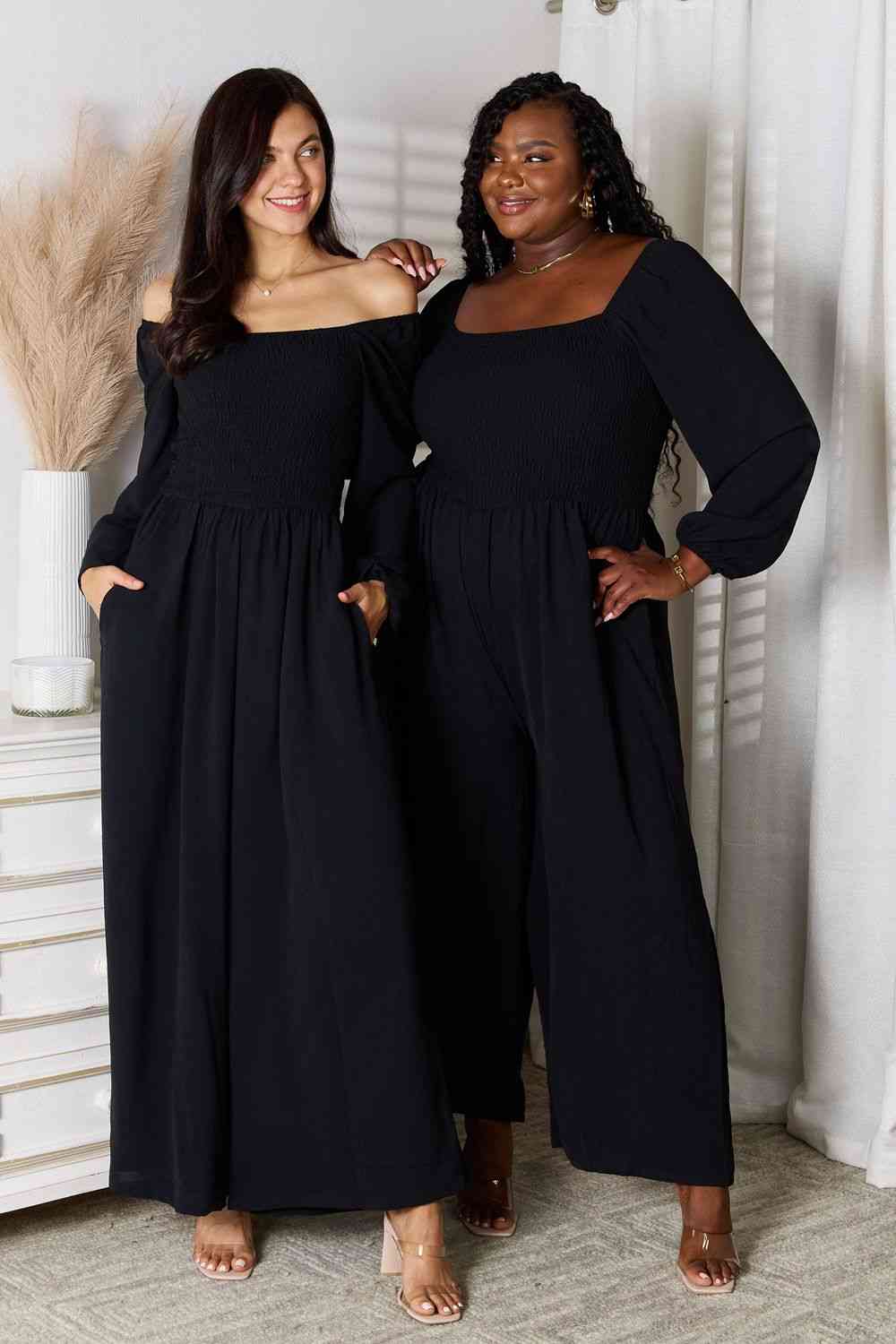 A stylish Double Take Square Neck Jumpsuit featuring pockets, showcasing its elegant design and smocked details.