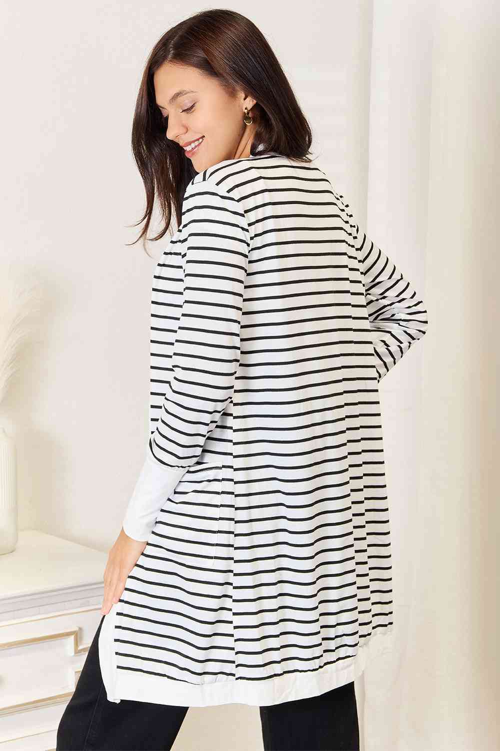 Double Take Striped Open Front Longline Cardigan featuring a classic striped pattern, open front design, and longline silhouette.