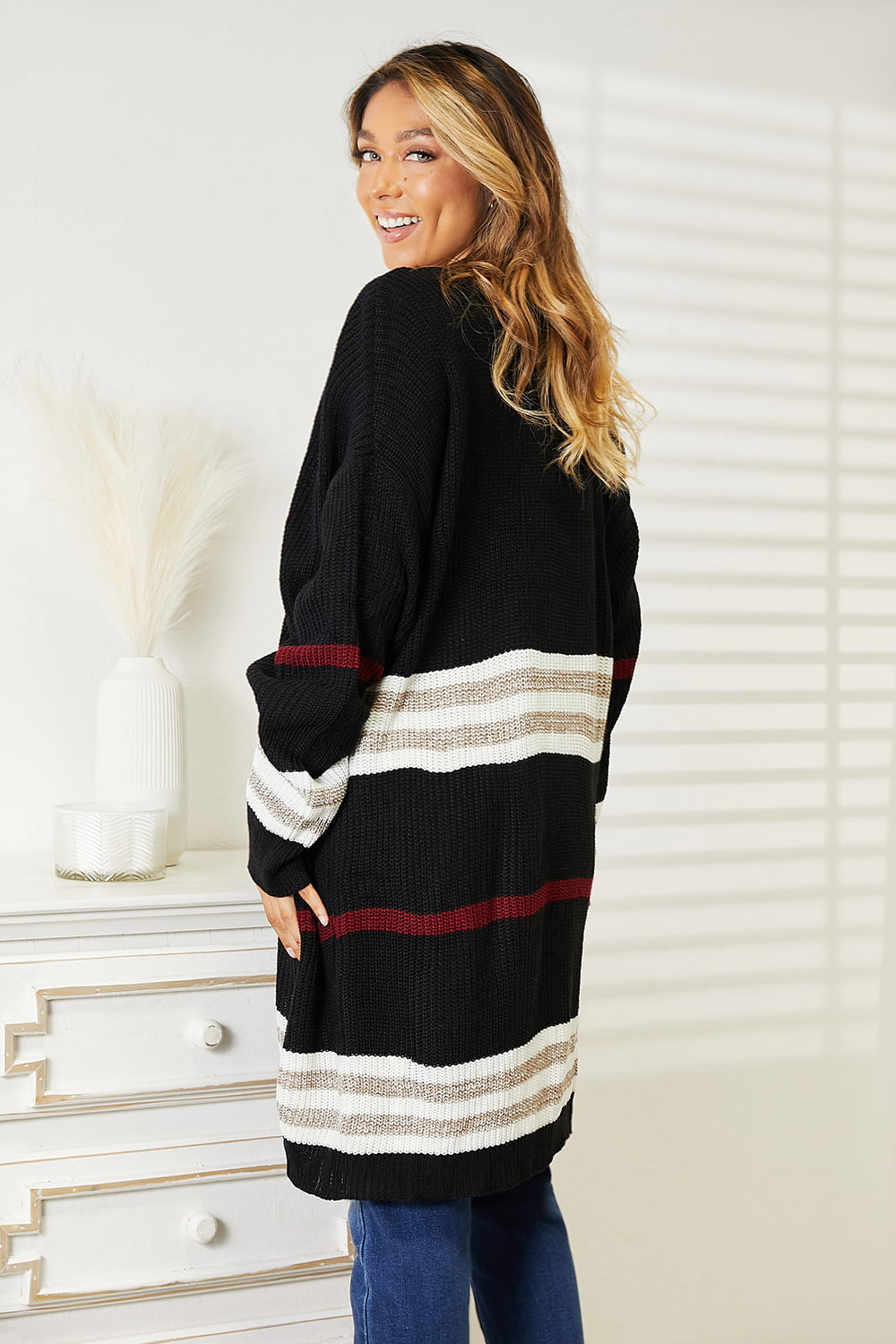 Double Take Striped Rib-Knit Drop Shoulder Open Front Cardigan featuring a relaxed fit and playful striped pattern.