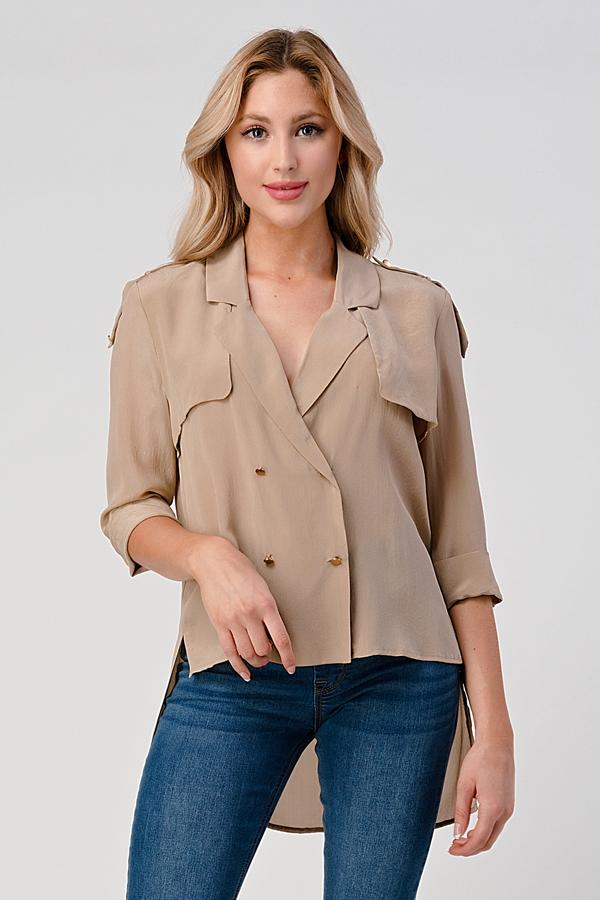 A stylish Silk Hi-Low Silk Trench Shirt Top in a luxurious fabric, showcasing its elegant design and flattering silhouette.