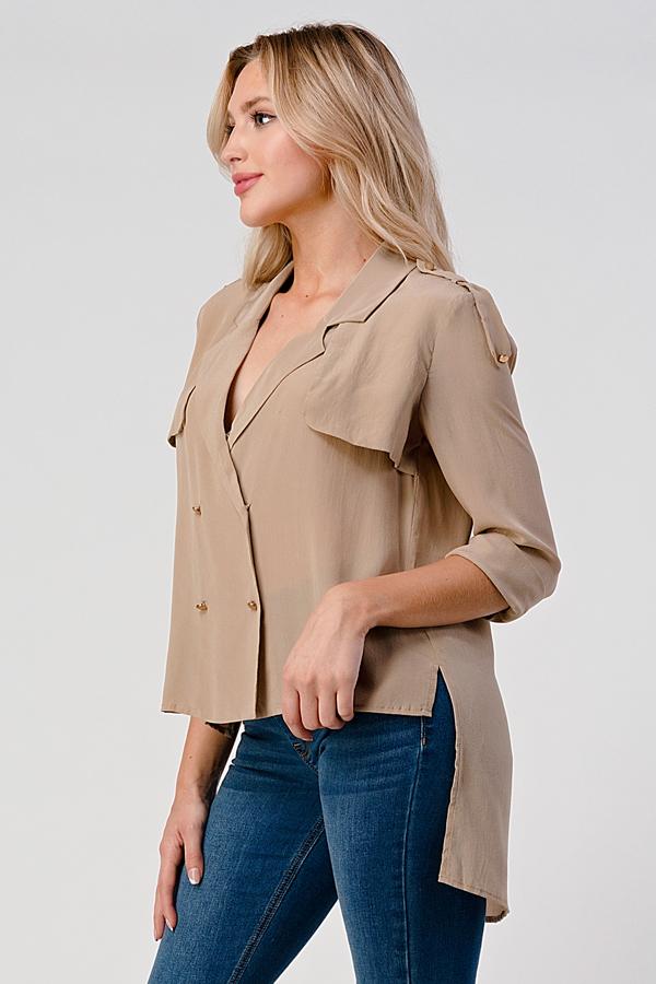 A stylish Silk Hi-Low Silk Trench Shirt Top in a luxurious fabric, showcasing its elegant design and flattering silhouette.