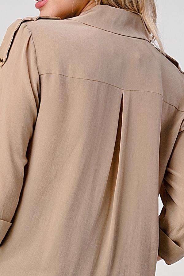 A stylish Silk Hi-Low Silk Trench Shirt Top in a luxurious fabric, showcasing its elegant design and flattering silhouette.
