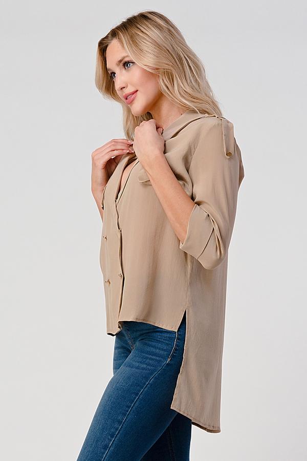 A stylish Silk Hi-Low Silk Trench Shirt Top in a luxurious fabric, showcasing its elegant design and flattering silhouette.