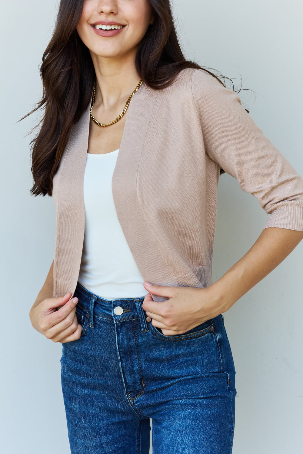 Doublju My Favorite Full Size 3/4 Sleeve Cropped Cardigan in Khaki, showcasing its stylish design and cropped length.