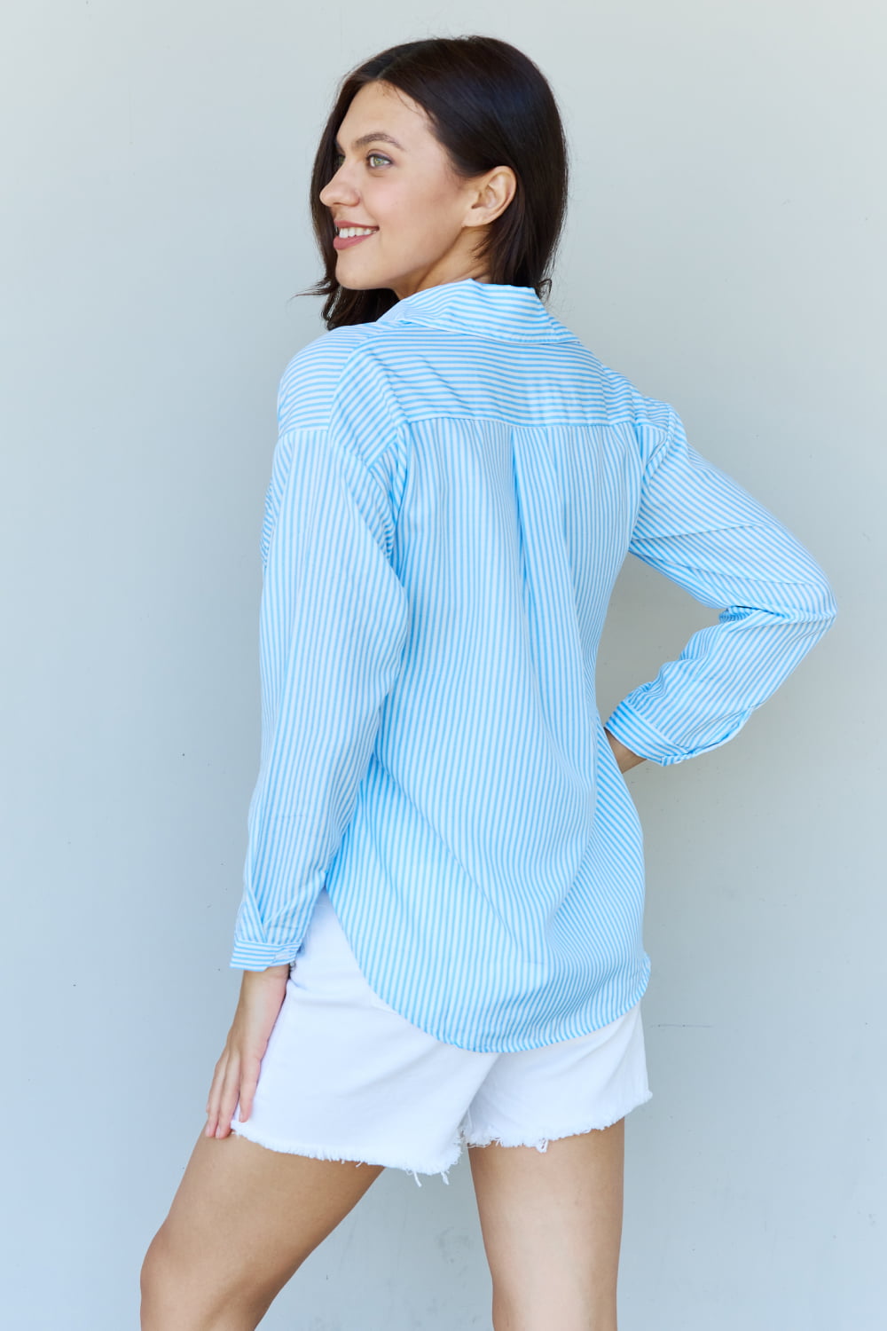 Doublju She Means Business Striped Button Down Shirt Top featuring vertical stripes, collared neck, and single chest pocket.