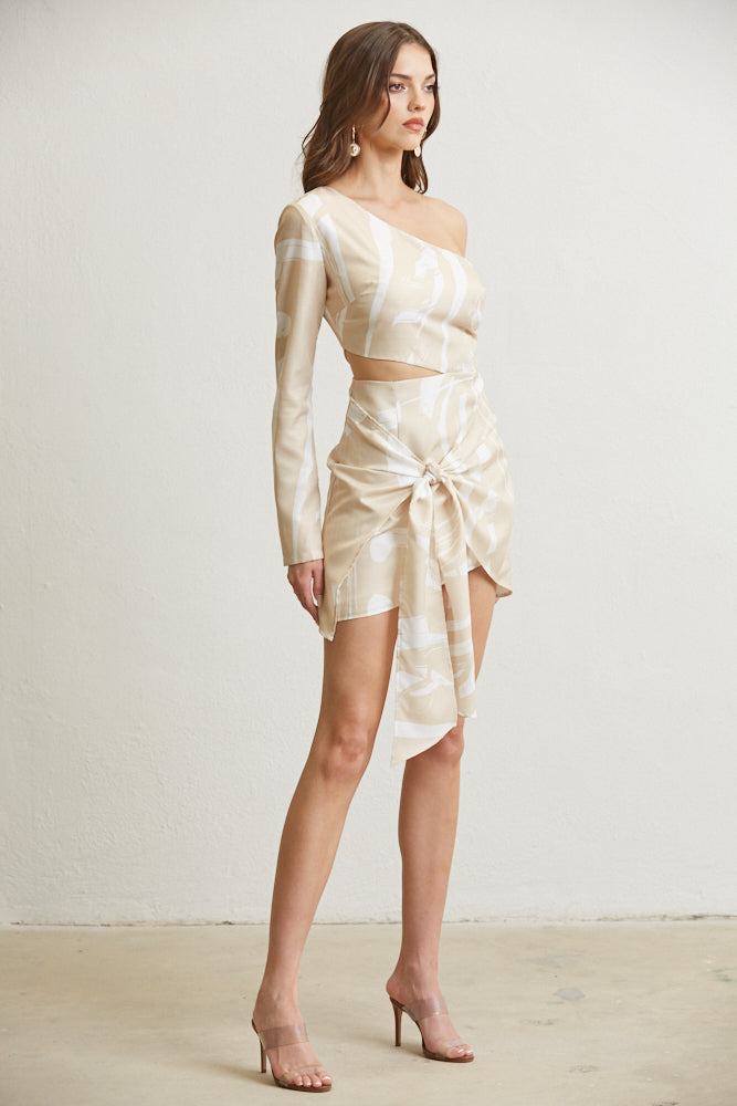 Dramatic Stroke One-Shoulder Gown featuring abstract brush stroke print and elegant design.