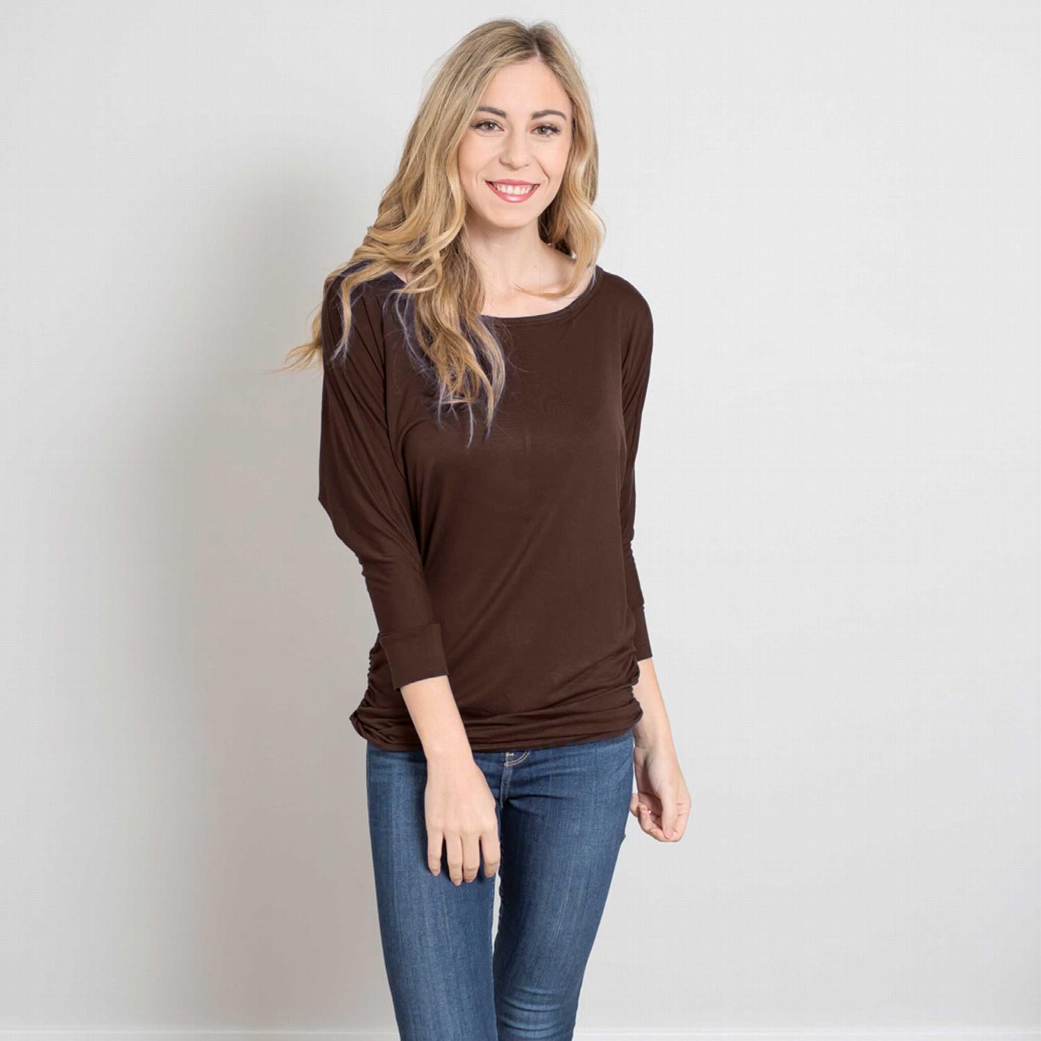 Draped Long Sleeve Batwing Dolman Top in various colors, showcasing its stylish batwing design and fitted arms.