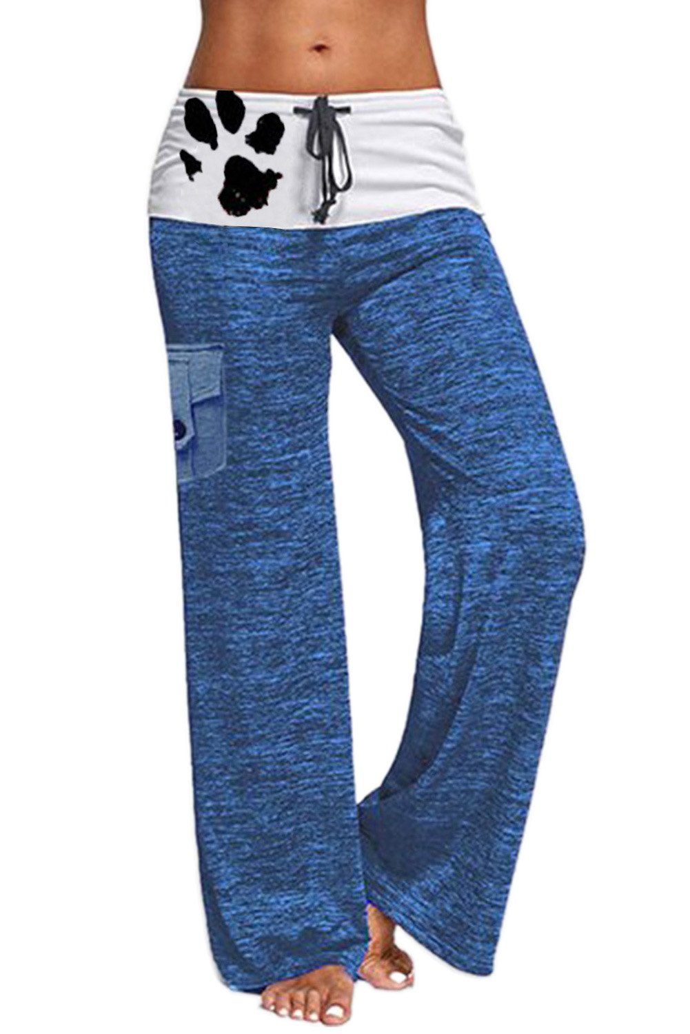 A pair of stylish drawstring pockets stretch wide leg yoga pants featuring a mid-rise waistband, leopard print accents, and multiple pockets.