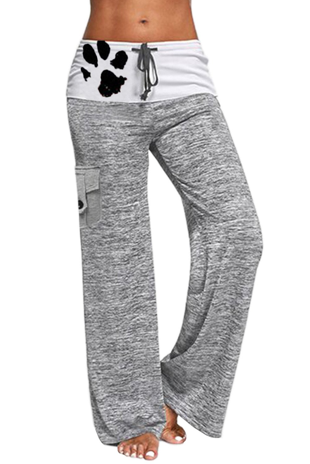 A pair of stylish drawstring pockets stretch wide leg yoga pants featuring a mid-rise waistband, leopard print accents, and multiple pockets.