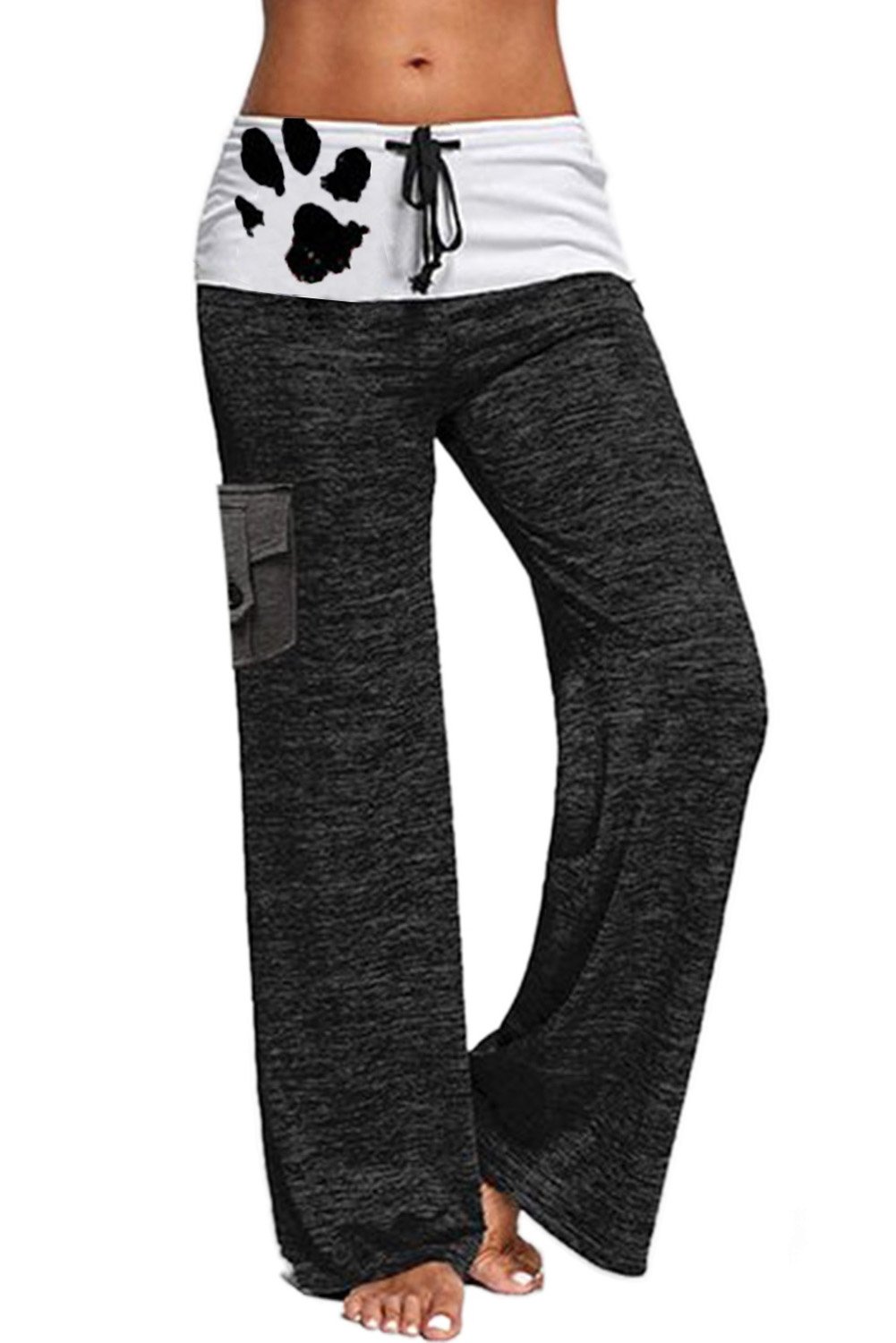 A pair of stylish drawstring pockets stretch wide leg yoga pants featuring a mid-rise waistband, leopard print accents, and multiple pockets.