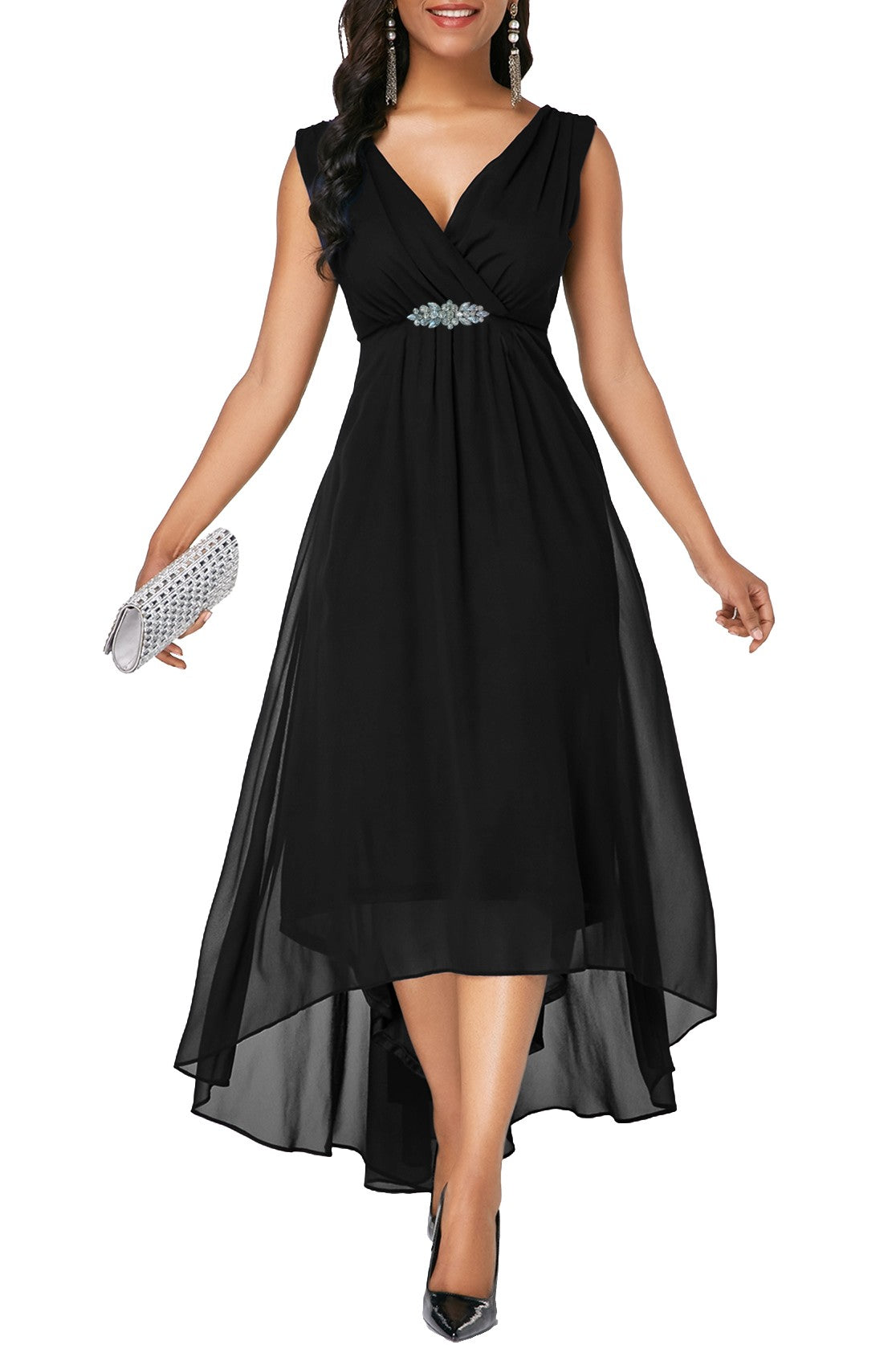Elegant black DRESS GRACIANA featuring a seductive design, flowy translucent fabric, and crystal decor, perfect for special occasions.