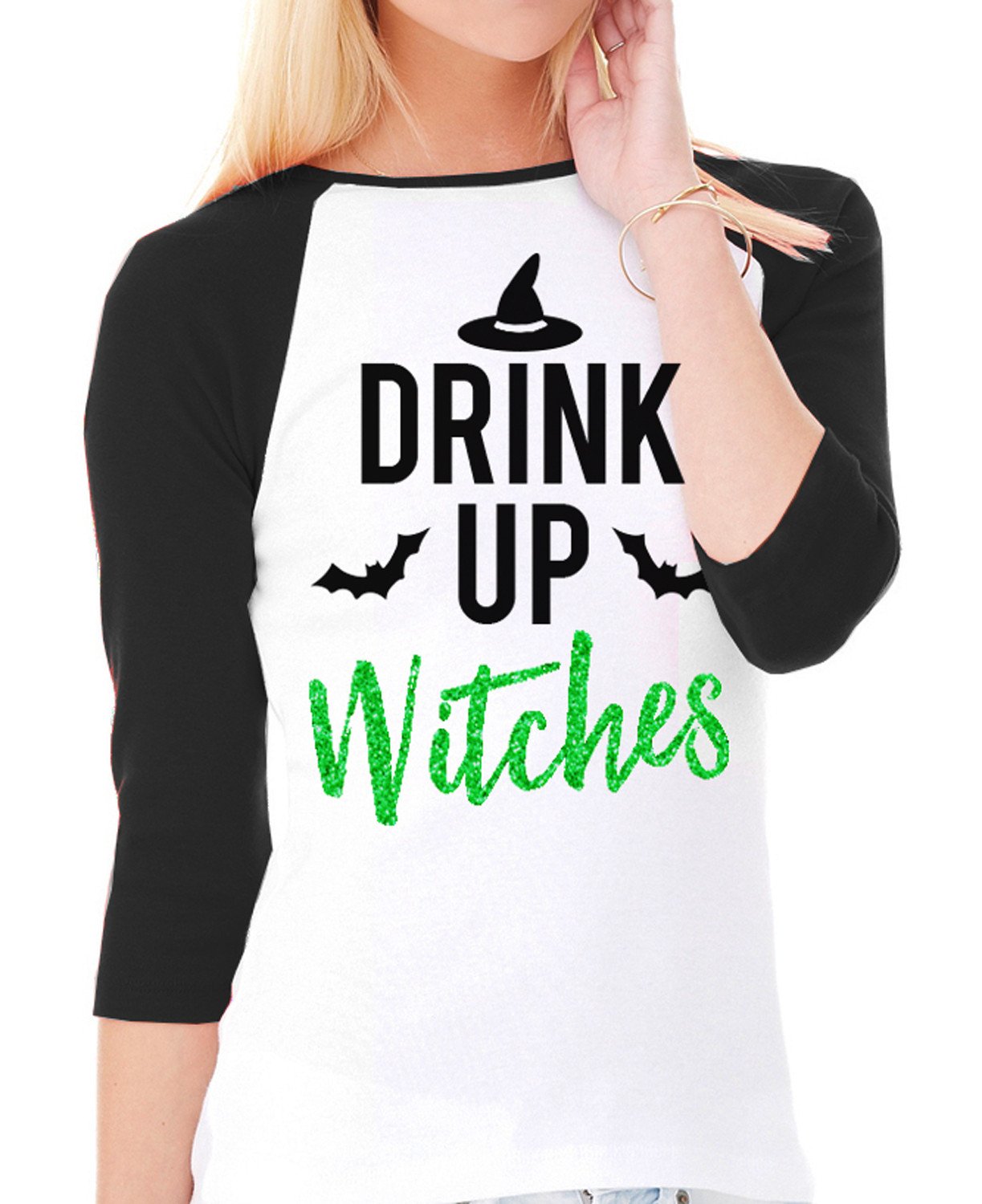 Green glitter printed Halloween baseball tee with 'DRINK UP WITCHES' text, perfect for festive celebrations.