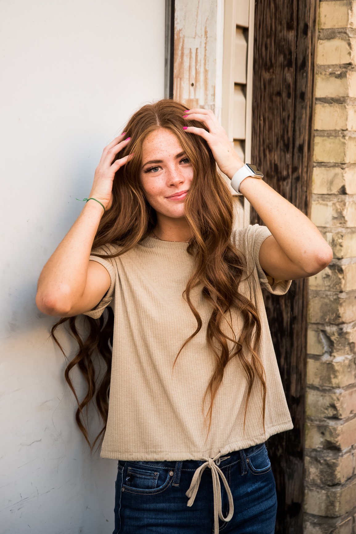 DT Drawstring Waist Textured Tee in Sand featuring rolled sleeves and adjustable waist, perfect for casual styling.