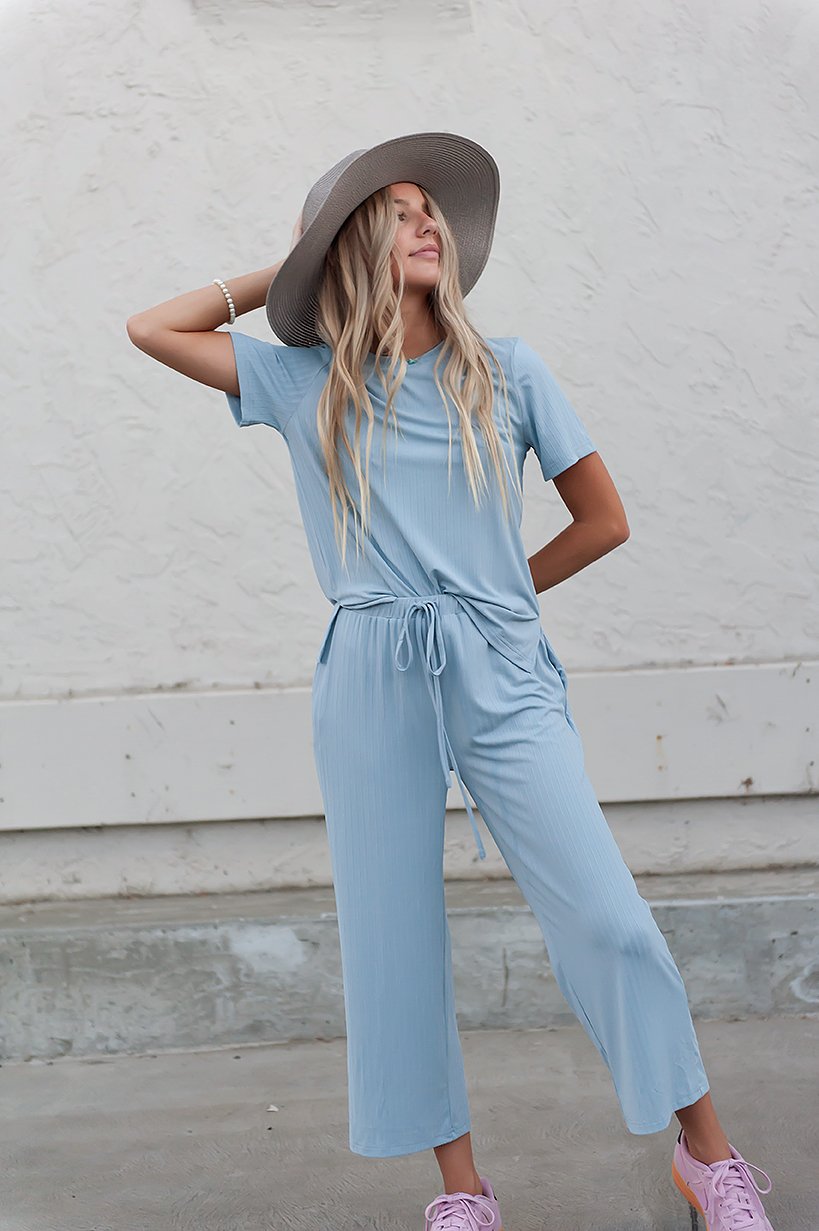 DT Emma two-piece set in Baby Blue, featuring a soft fabric and stylish design, perfect for lounging or casual outings.