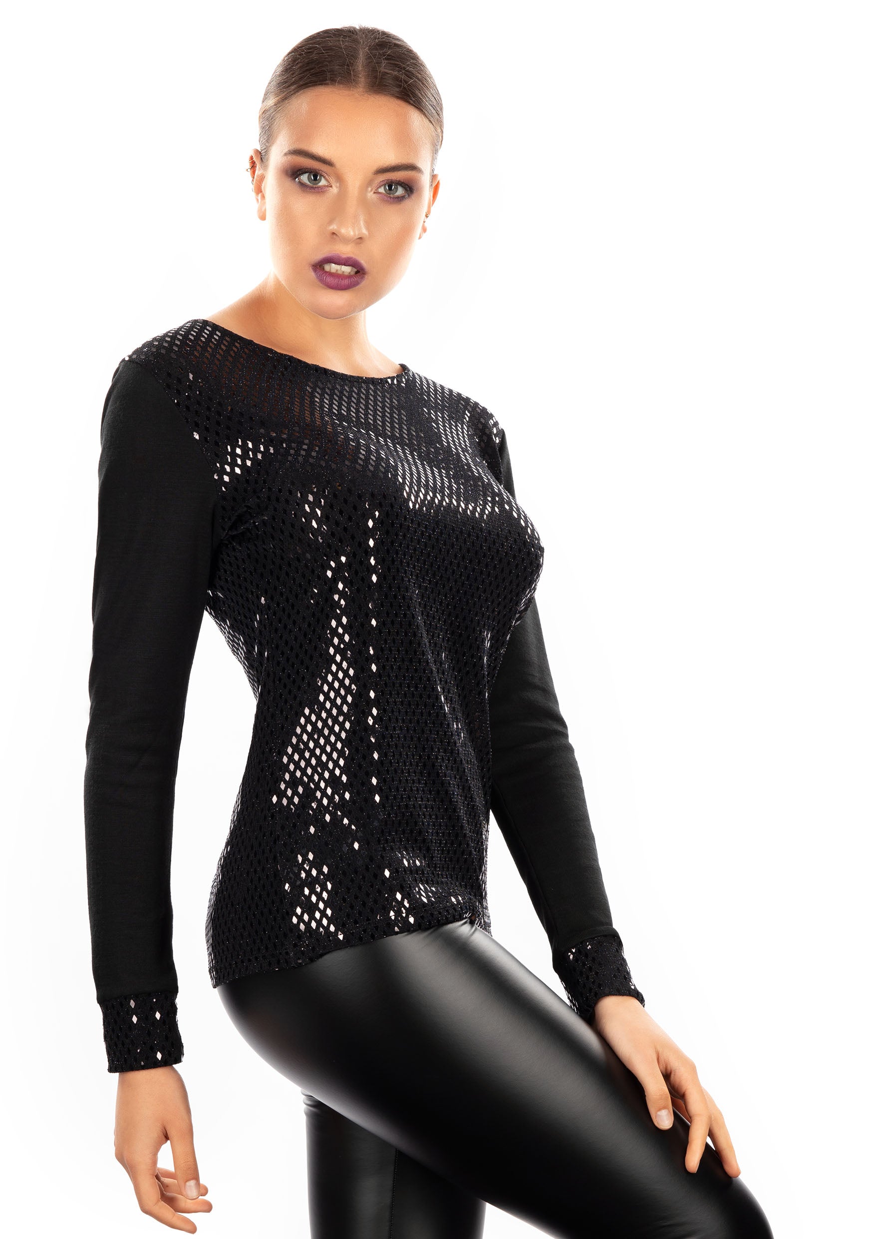 EGI Exclusive Merino Wool Blend Lurex Long Sleeved Top featuring a metallic sheen, elegantly designed for comfort and style.