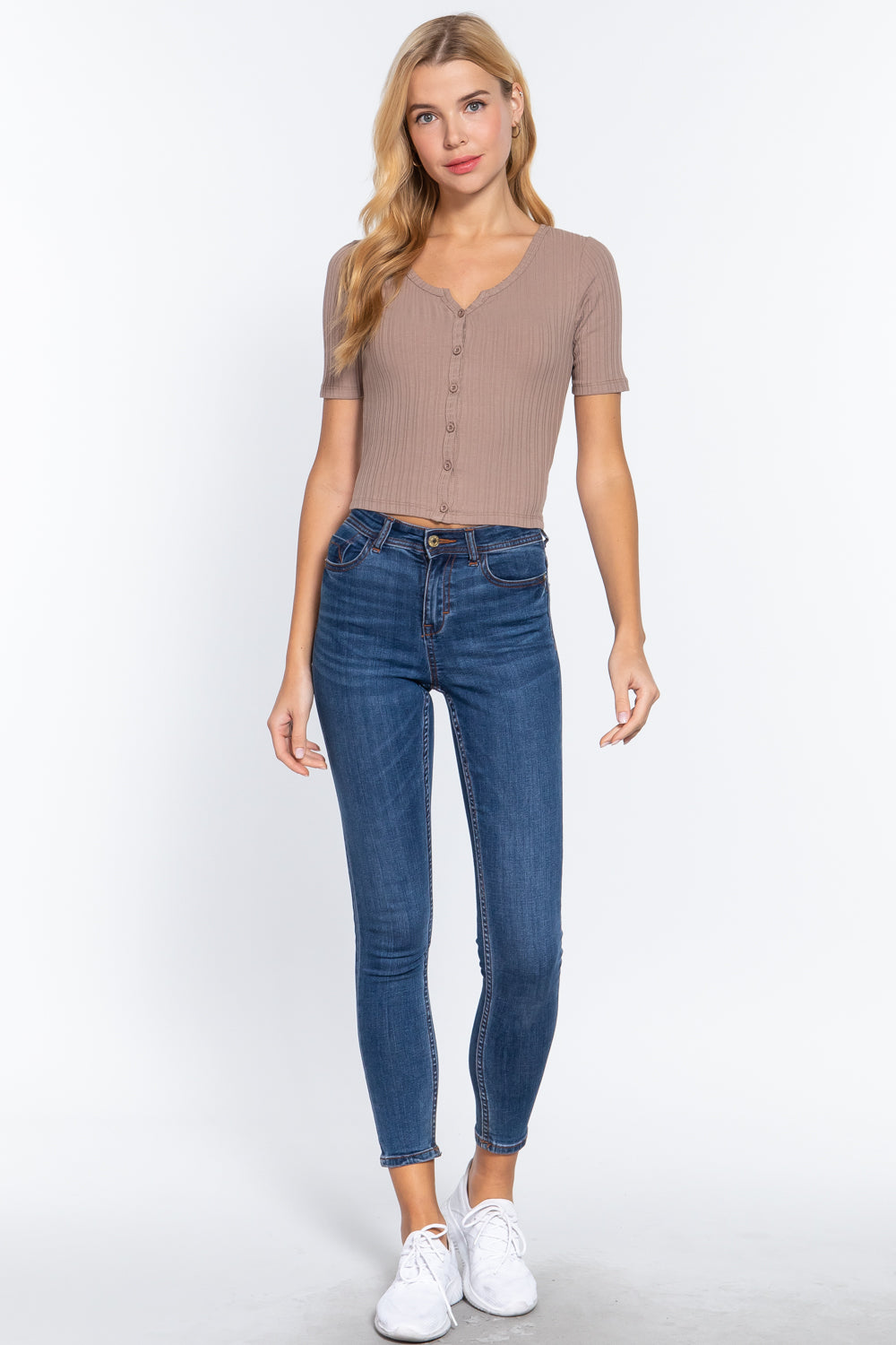 Elbow Sleeve Rib Knit Cardigan in Oyster Khaki, featuring a henley neck and button-down front.