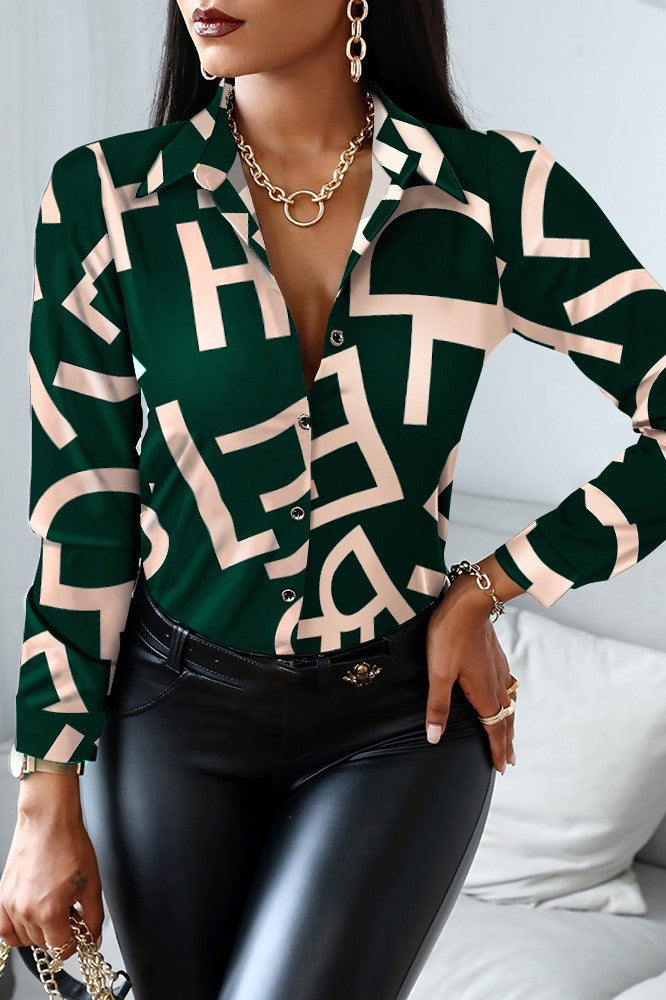 Elegant green blouse with letter print, featuring a classic collar and long sleeves, made from high-quality imitation satin.