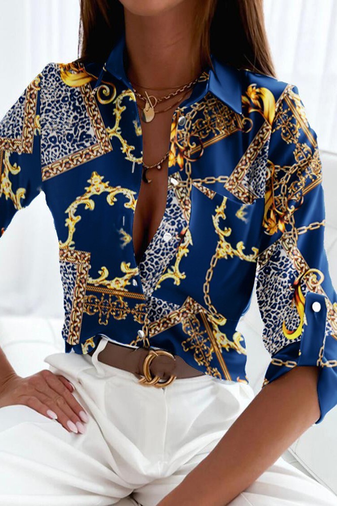 Elegant blue blouse with geometric print, featuring a classic collar and long sleeves, made of high-quality imitation satin.