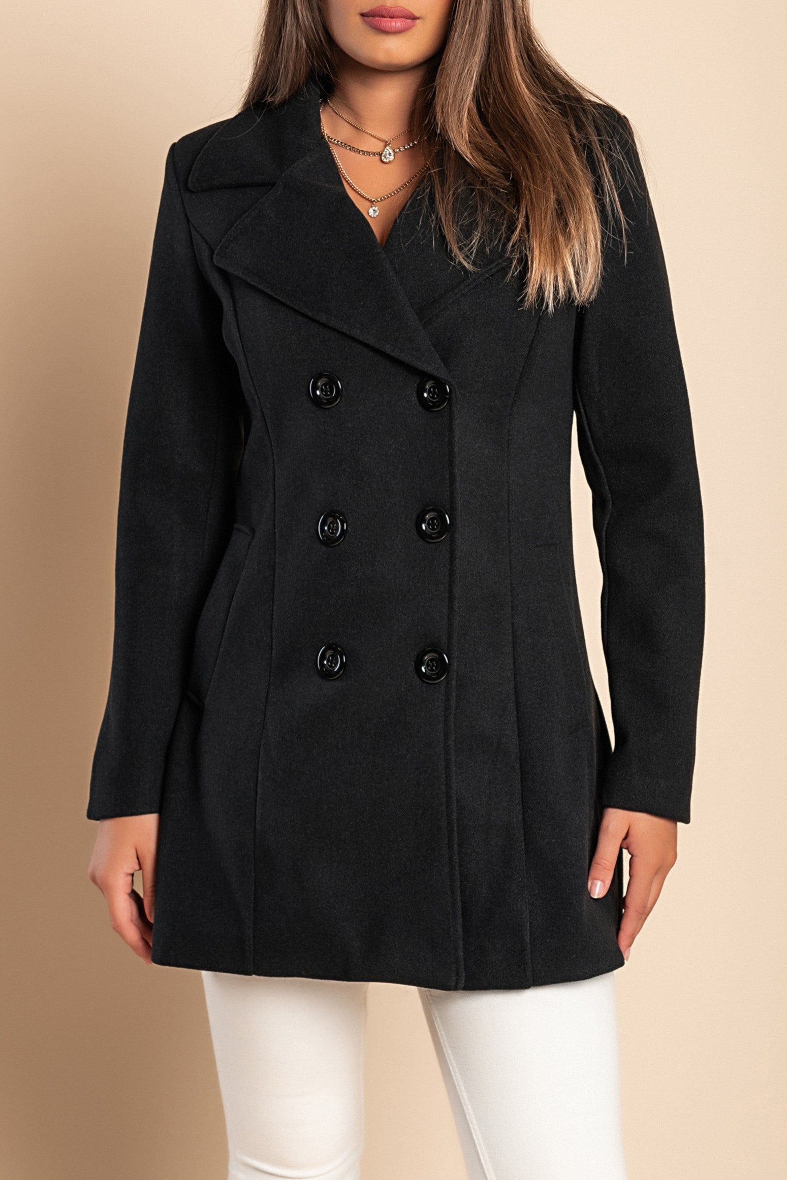 Elegant black coat with buttons, featuring a classic collar and side pockets, made from high-quality polyester fabric.