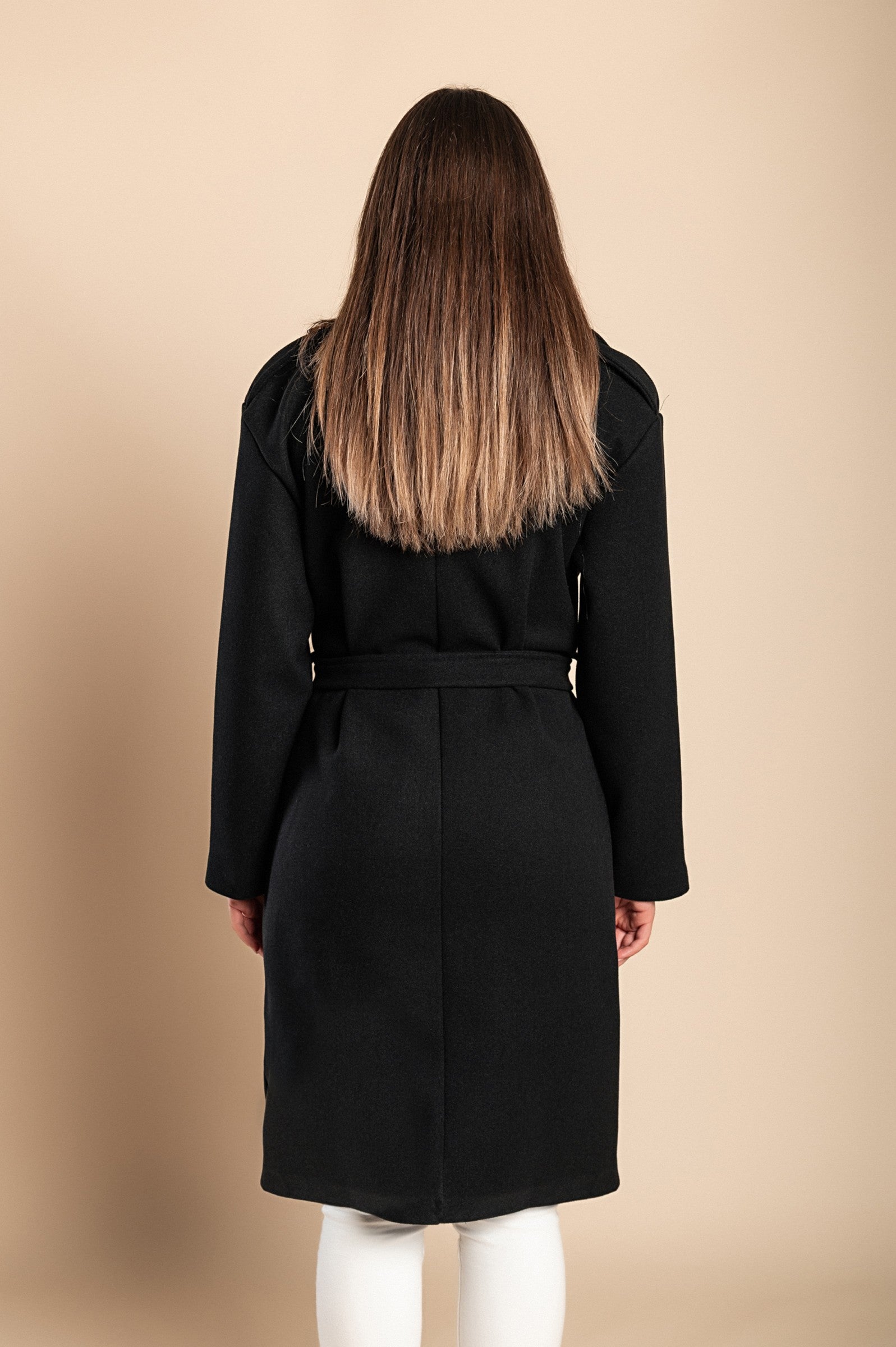 Elegant black coat with buttons, featuring a classic collar, decorative belt, and knee-length design, made from high-quality soft fabric.