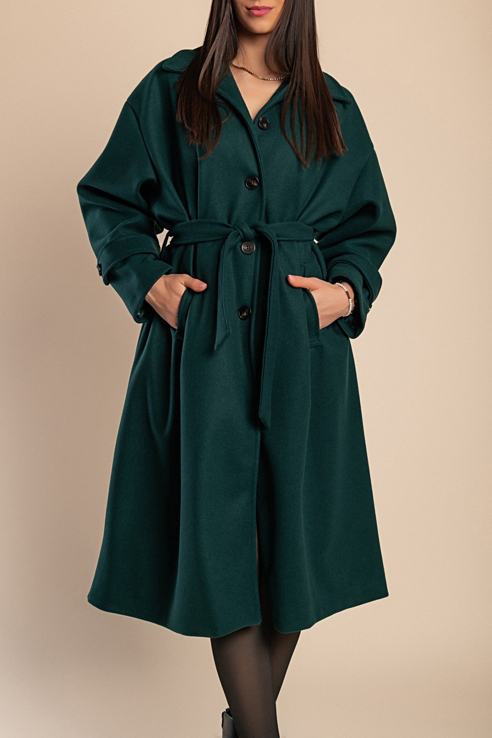 Elegant petrol coat with buttons, featuring a classic collar and decorative belt, made in Italy.