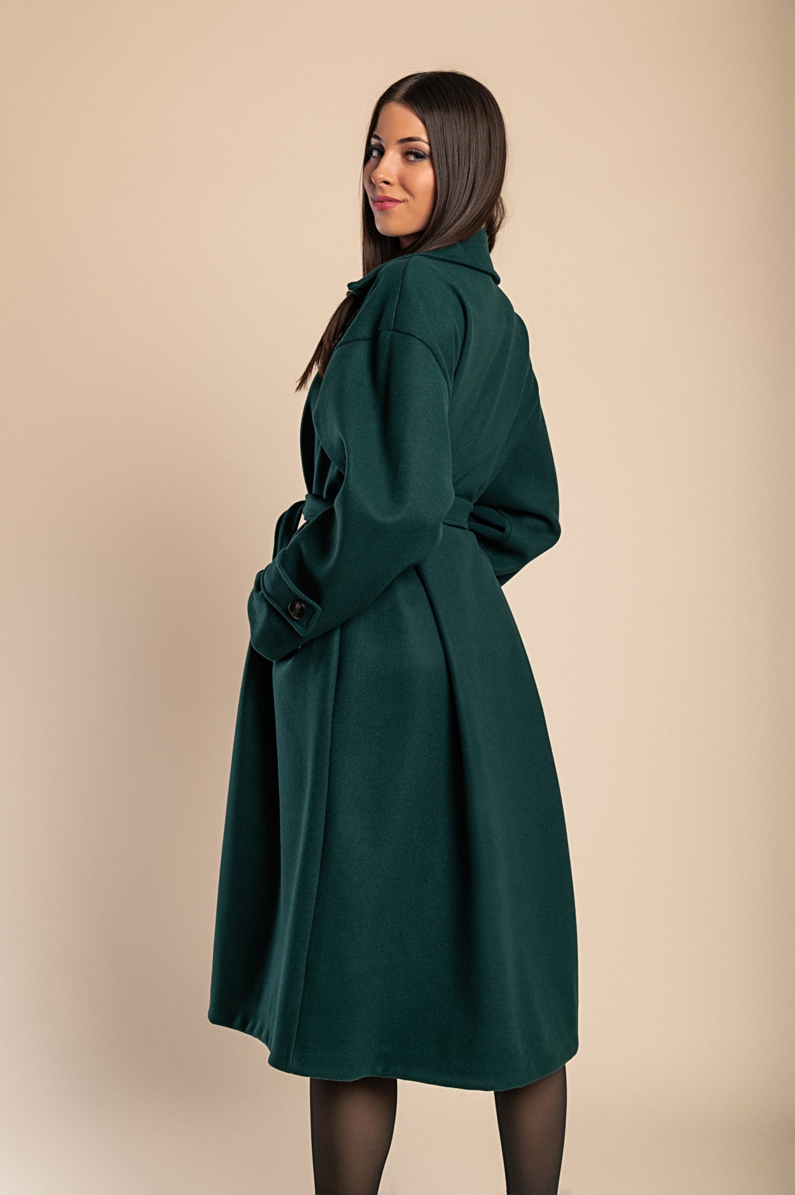 Elegant petrol coat with buttons, featuring a classic collar and decorative belt, made in Italy.