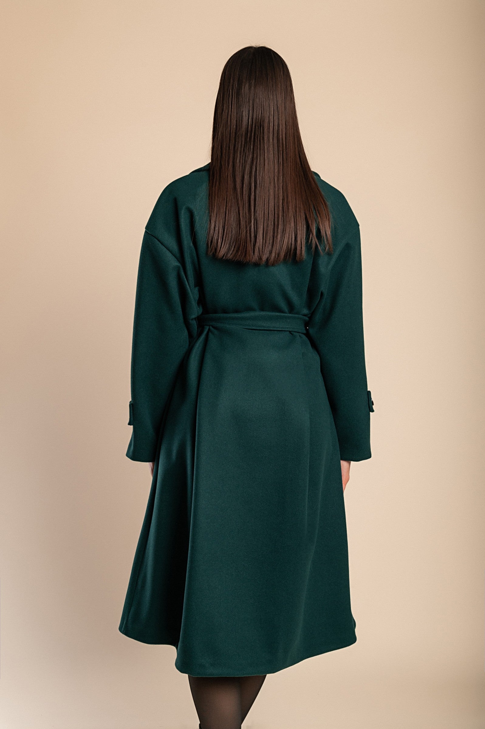 Elegant petrol coat with buttons, featuring a classic collar and decorative belt, made in Italy.