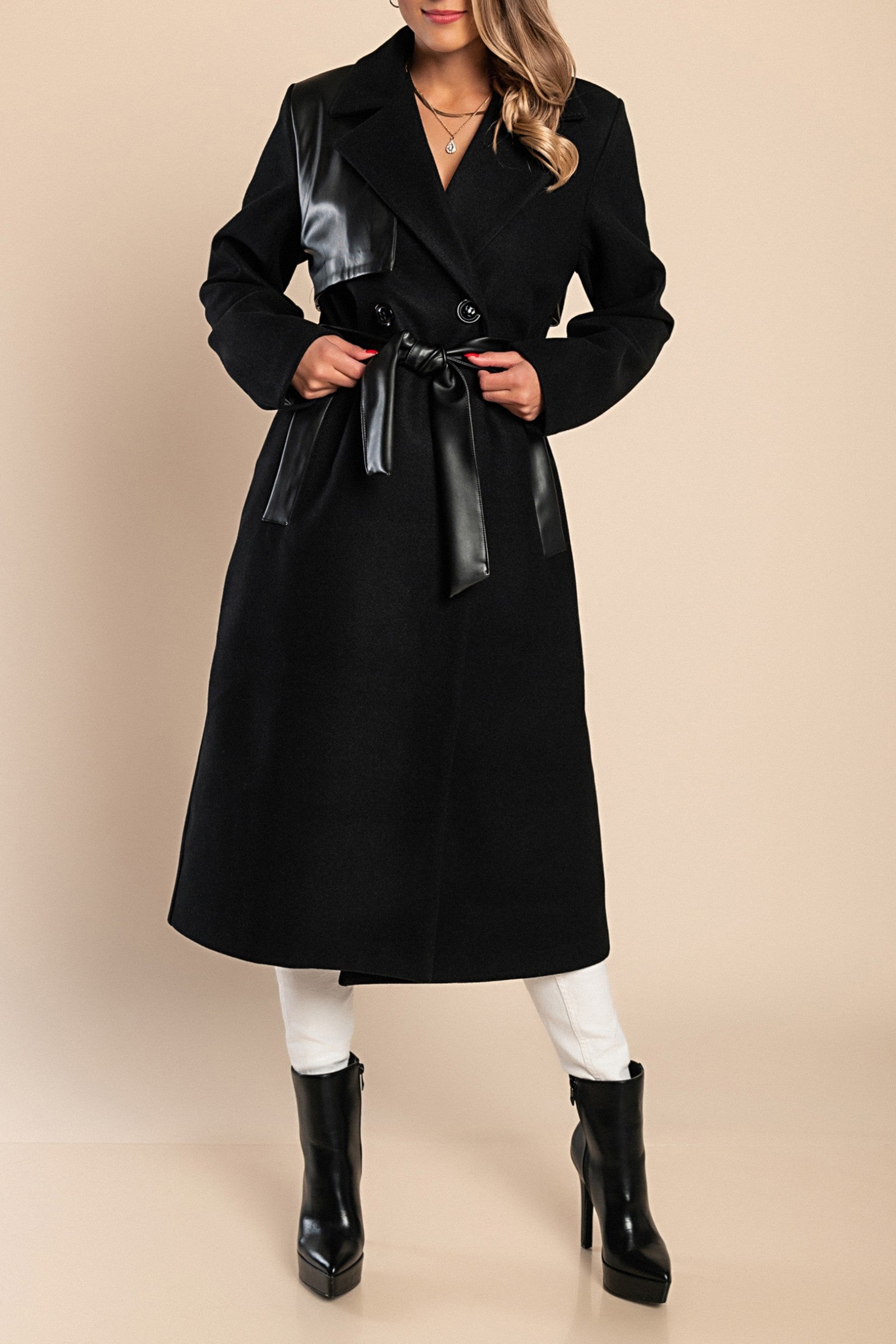 Elegant black coat featuring faux leather details, classic collar, and decorative belt, perfect for stylish winter wear.