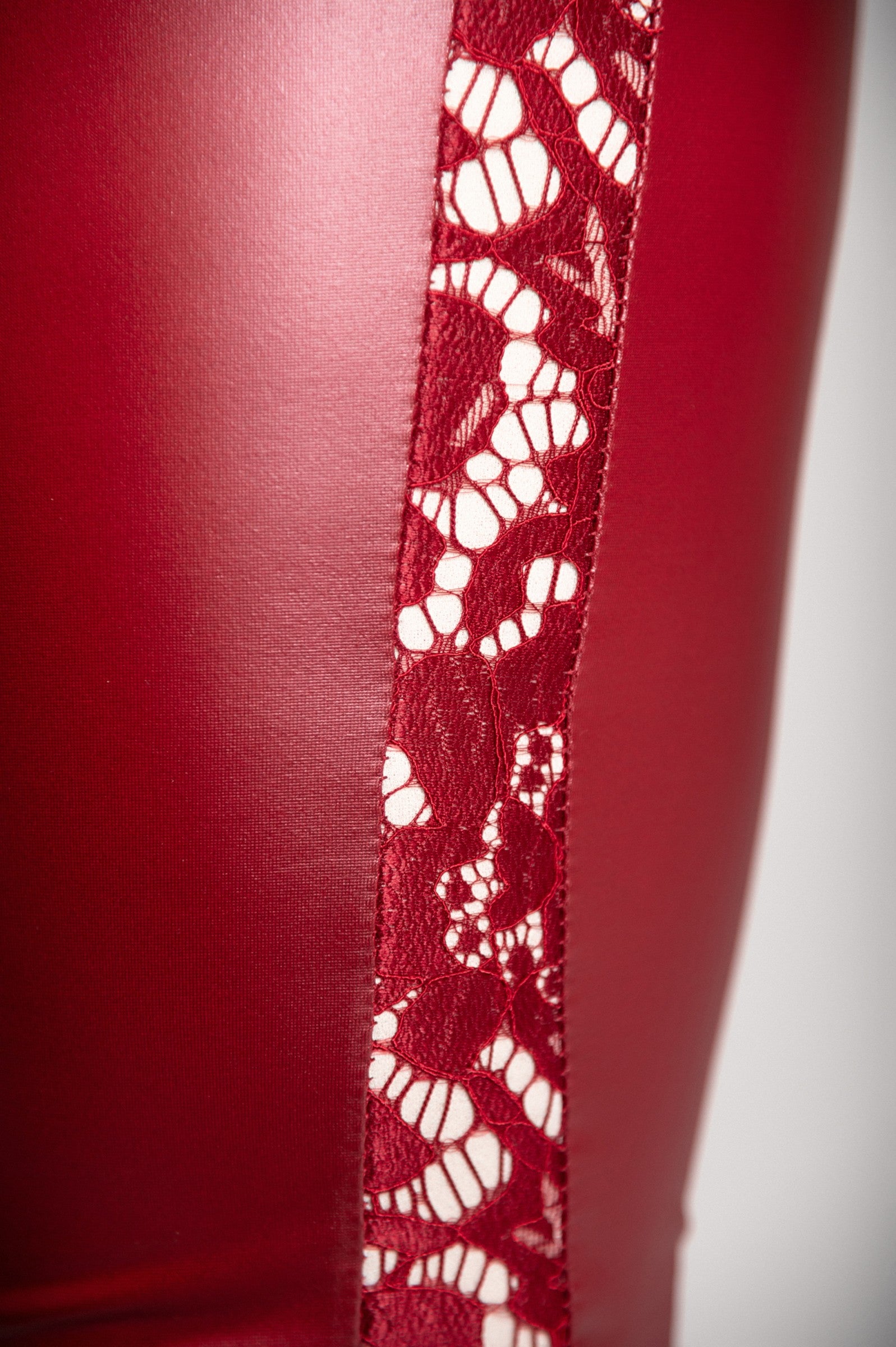 Elegant burgundy faux leather leggings with lace detail on the sides and a back zipper, showcasing a stylish and comfortable design.