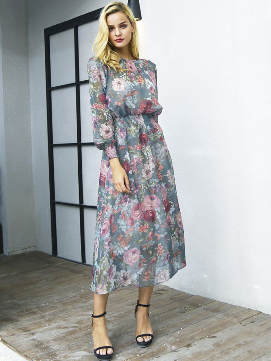 Elegant floral print long dress for women, featuring an ankle-length design and empire waistline, perfect for summer occasions.