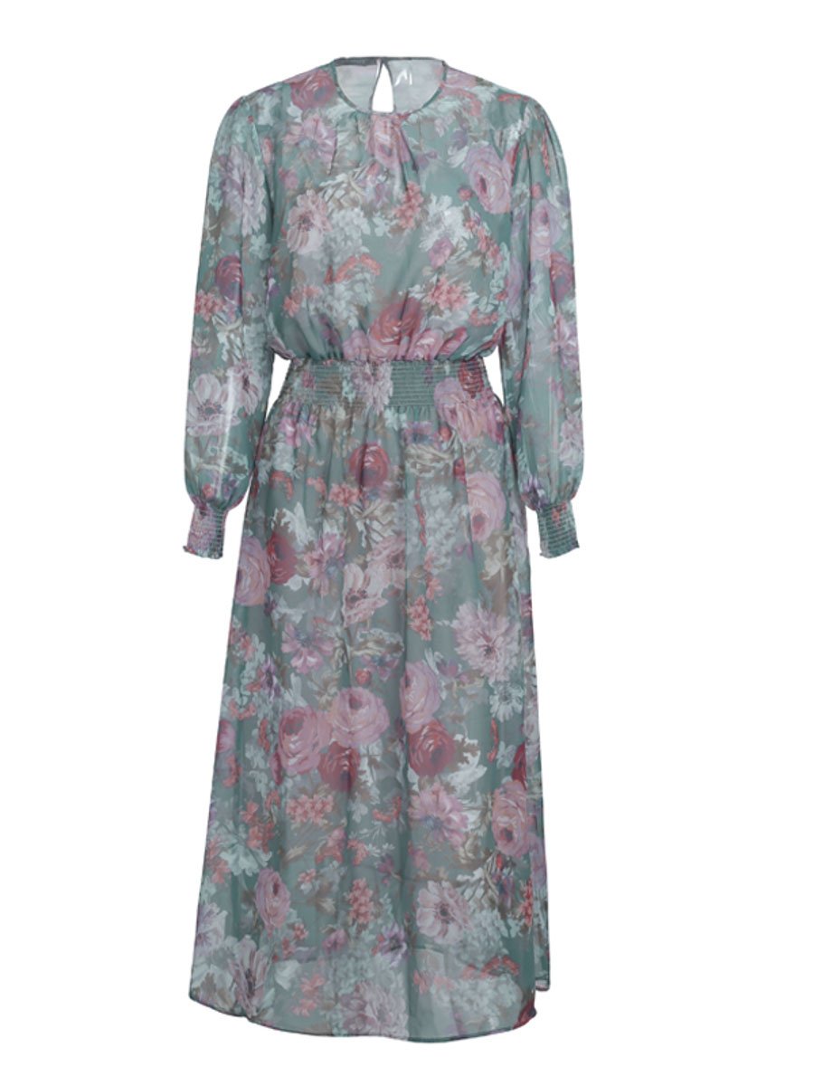 Elegant floral print long dress for women, featuring an ankle-length design and empire waistline, perfect for summer occasions.