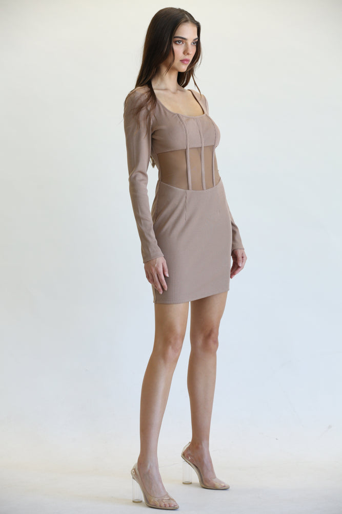 Elegant long sleeve dress featuring ribbed knit fabric, corset mesh waist, and a round squared neckline, perfect for Florida occasions.