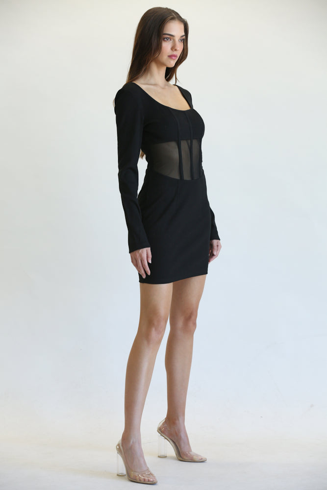 Elegant long sleeve dress featuring ribbed knit fabric, corset mesh waist, and a round squared neckline, perfect for Florida occasions.