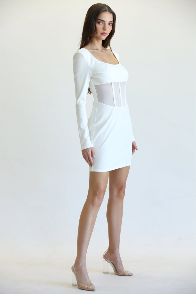 Elegant long sleeve dress featuring ribbed knit fabric, corset mesh waist, and a round squared neckline, perfect for Florida occasions.