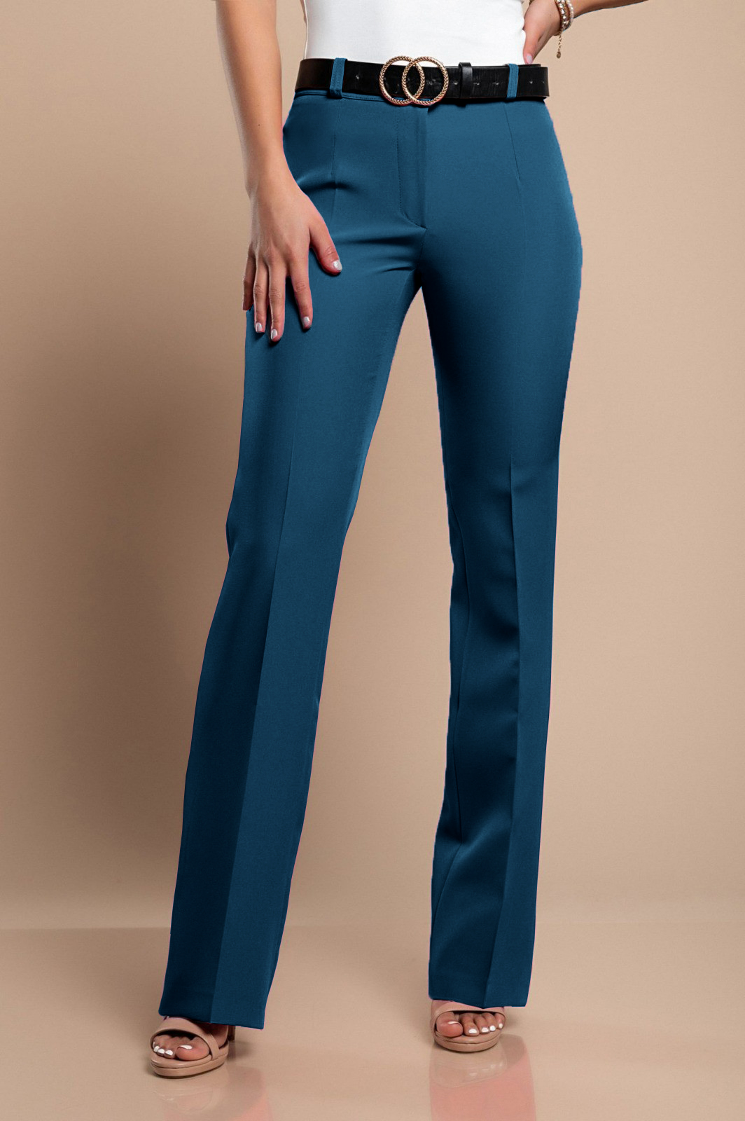 Elegant petrol blue long trousers with straight legs, featuring a zipper and button closure, made in Italy.