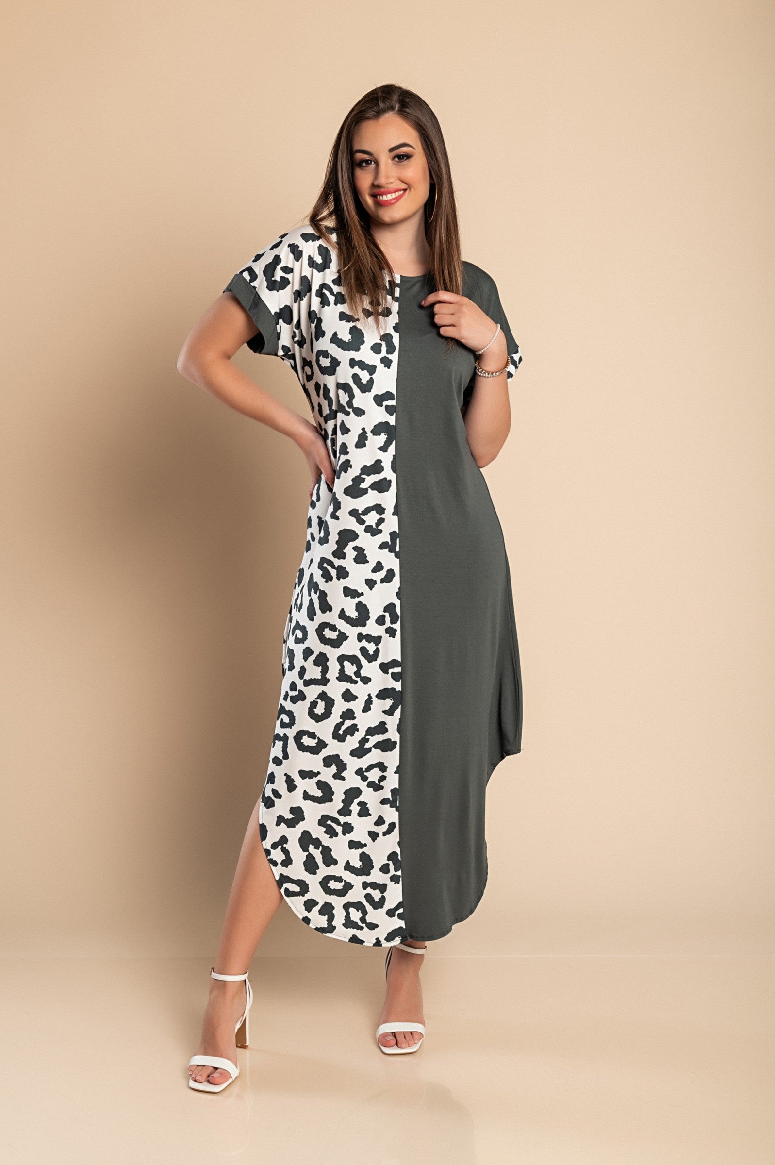 Elegant gray maxi dress featuring leopard print, loose fit, round neckline, and side slits, perfect for stylish comfort.