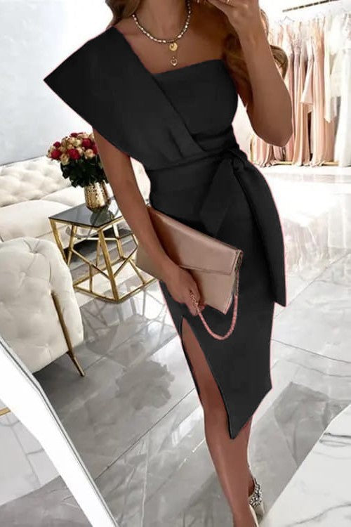Elegant black midi dress Triona with asymmetrical neckline and fitted skirt, featuring one sleeve and a stylish slit.
